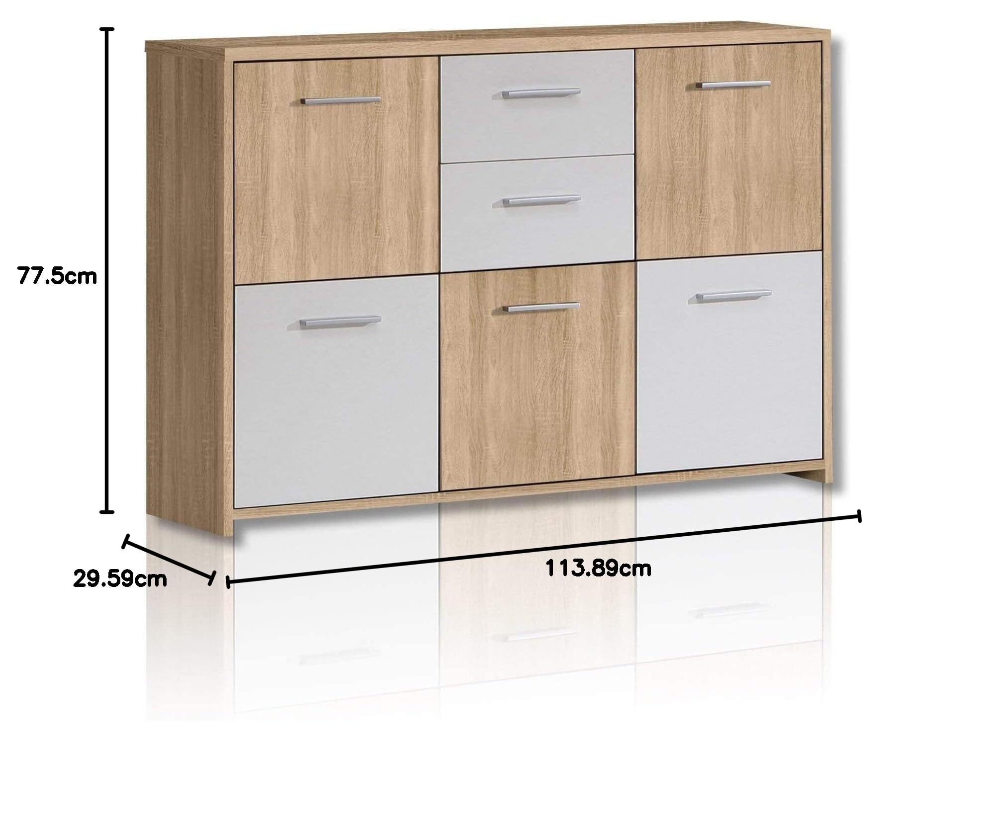 Forte QUADRO Kommode 110 120, Kommode mit 5 Türen und 2 Schubladen, Modernes Sideboard, Holzwerkstoff, Sonoma Eiche Holzdekor/ Weiß, 113,9 cm breit x 77,5 cm hoch x 29,6 cm tief