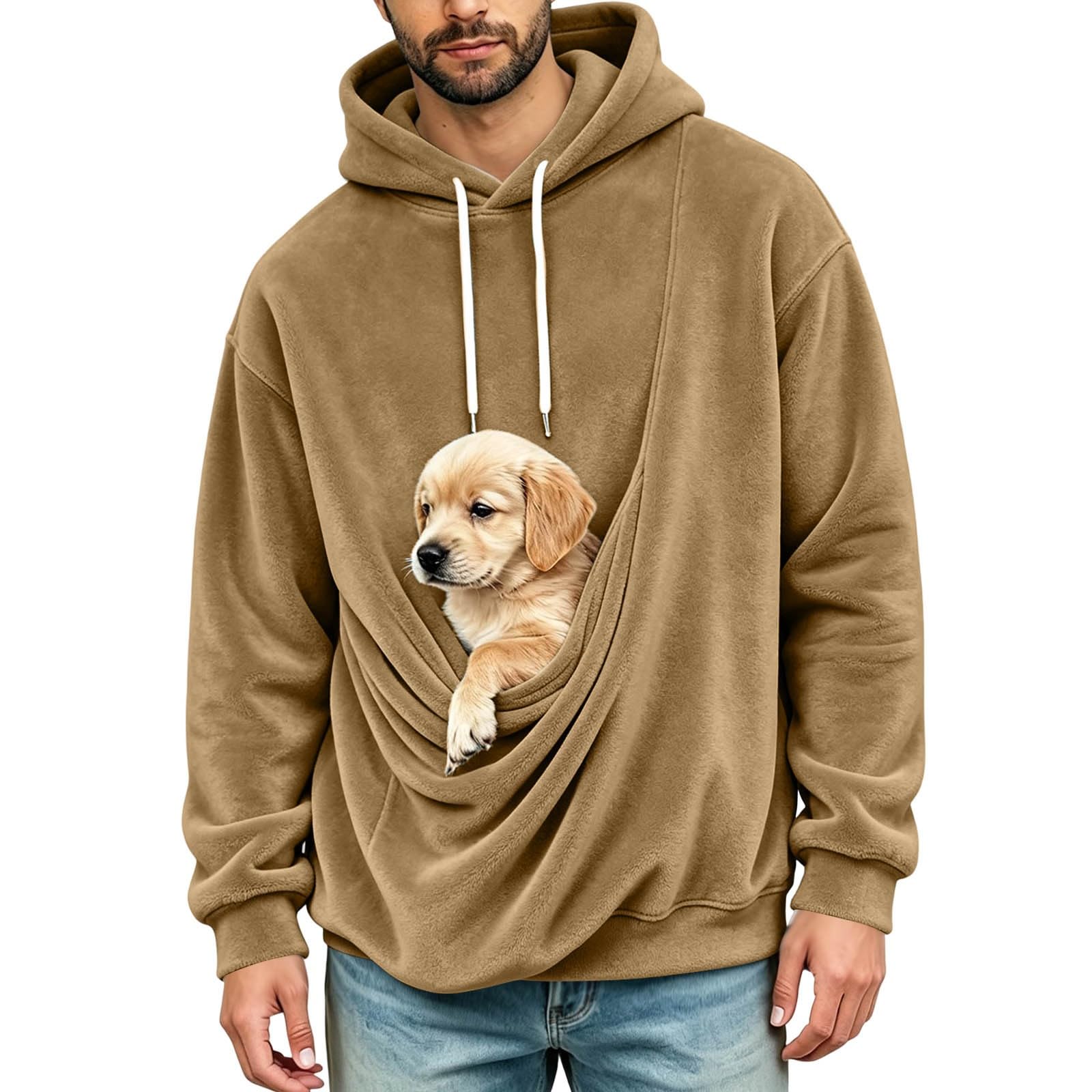 Mens Pet Pouch Hoodies Plush Fleece Long Sleeve Casual Sweatshirt Cozy Pet Pouch...