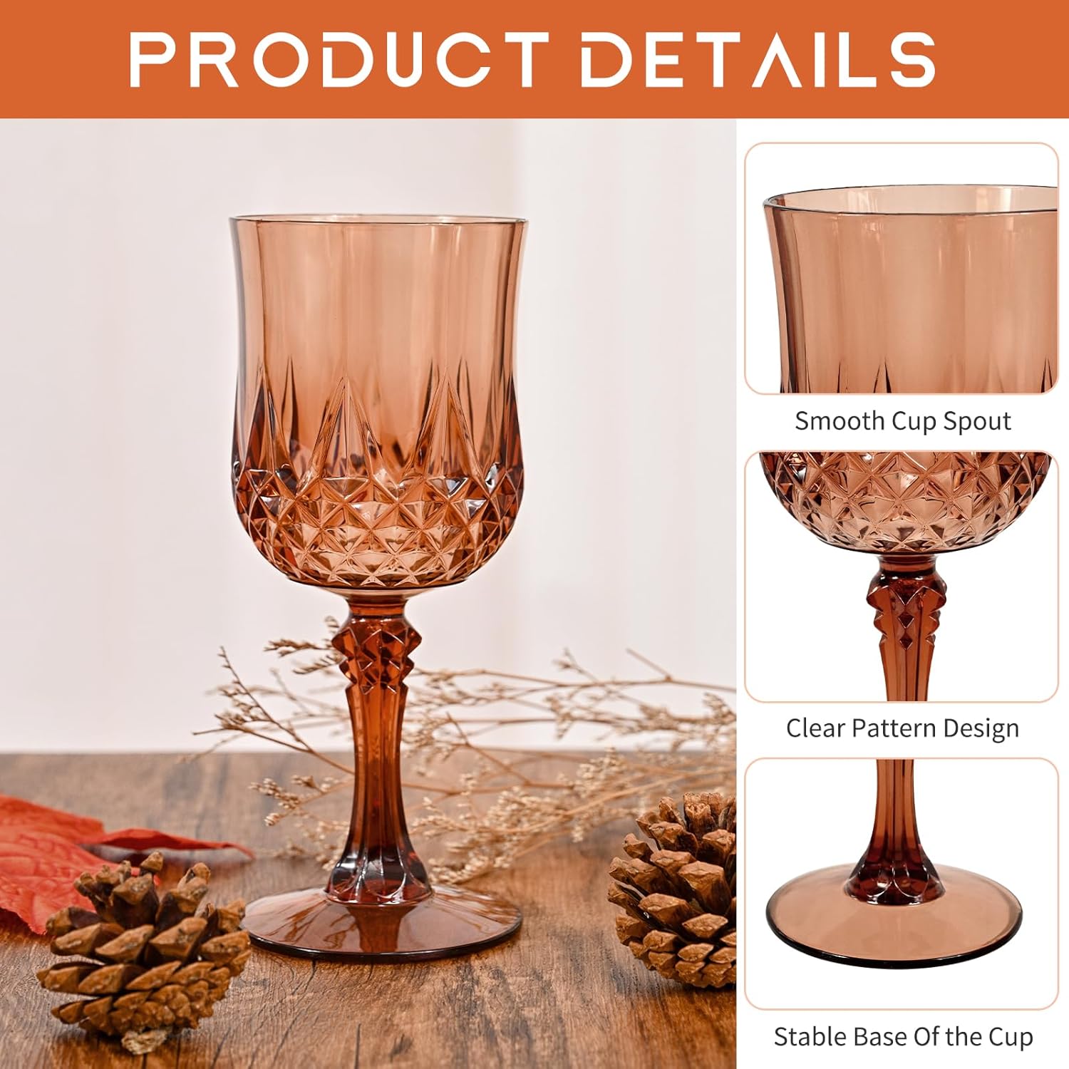 24 Pcs Rose Gold Plastic Wine Glasses, Plastic Goblets for Parties, Vintage Wine Glasses Bulk, Reusable Drinking Glass, Drinkware Cups for Wedding Party Reception Event Supplies
