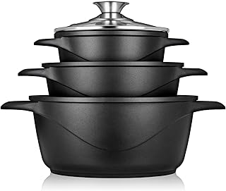 briebe Induction Cookware Set of 6 Pieces, Set of 3 Cast Aluminium Pots, Non-Stick ILAG GRANITEC PFOA Free, Set of Pots and Lids Glass, Silicone Gloves, Ceramic Hob, Gas, Oven, MGK-18