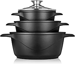 briebe Set of 6 Induction Cookware Battery, 3 Saucepans, Die-Cast Aluminium, Non-stick ILAG GRANITEC PFOA Free, Glass Lids, Silicone Gloves, Glass-Ceramic, Gas, Oven, MGK-18