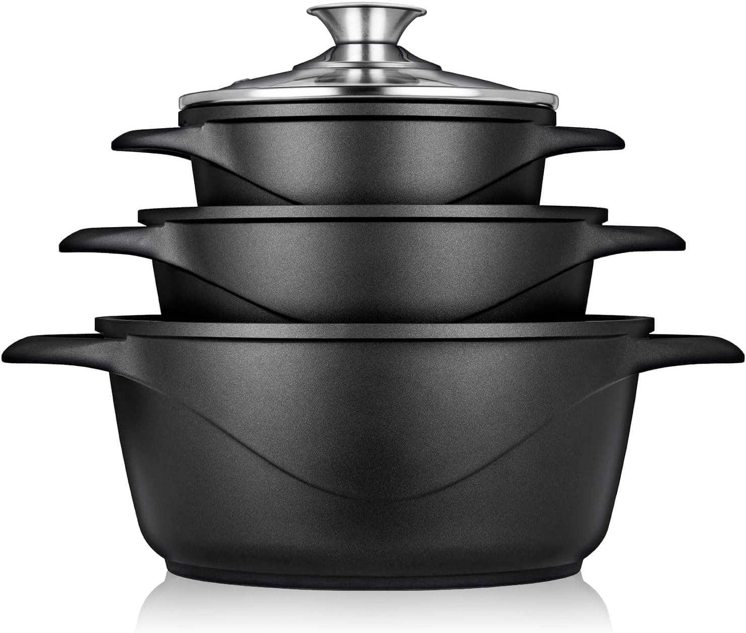 briebe Batería Cocina Inducción 6 Piezas, Juego 3 Ollas Aluminio Fundido, Antiadherente ILAG GRANITEC sin PFOA, Set Cazuelas Tapas Cristal, Guantes Silicona, Vitrocerámica, Gas, Horno, MGK-18
