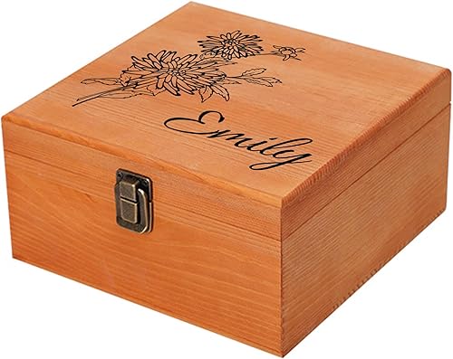 Miniatura 15 de Caja de recuerdos personalizada de madera Cooayyaooc con flor de nacimiento y nombre, caja de almacenamiento decorativa de madera personalizada