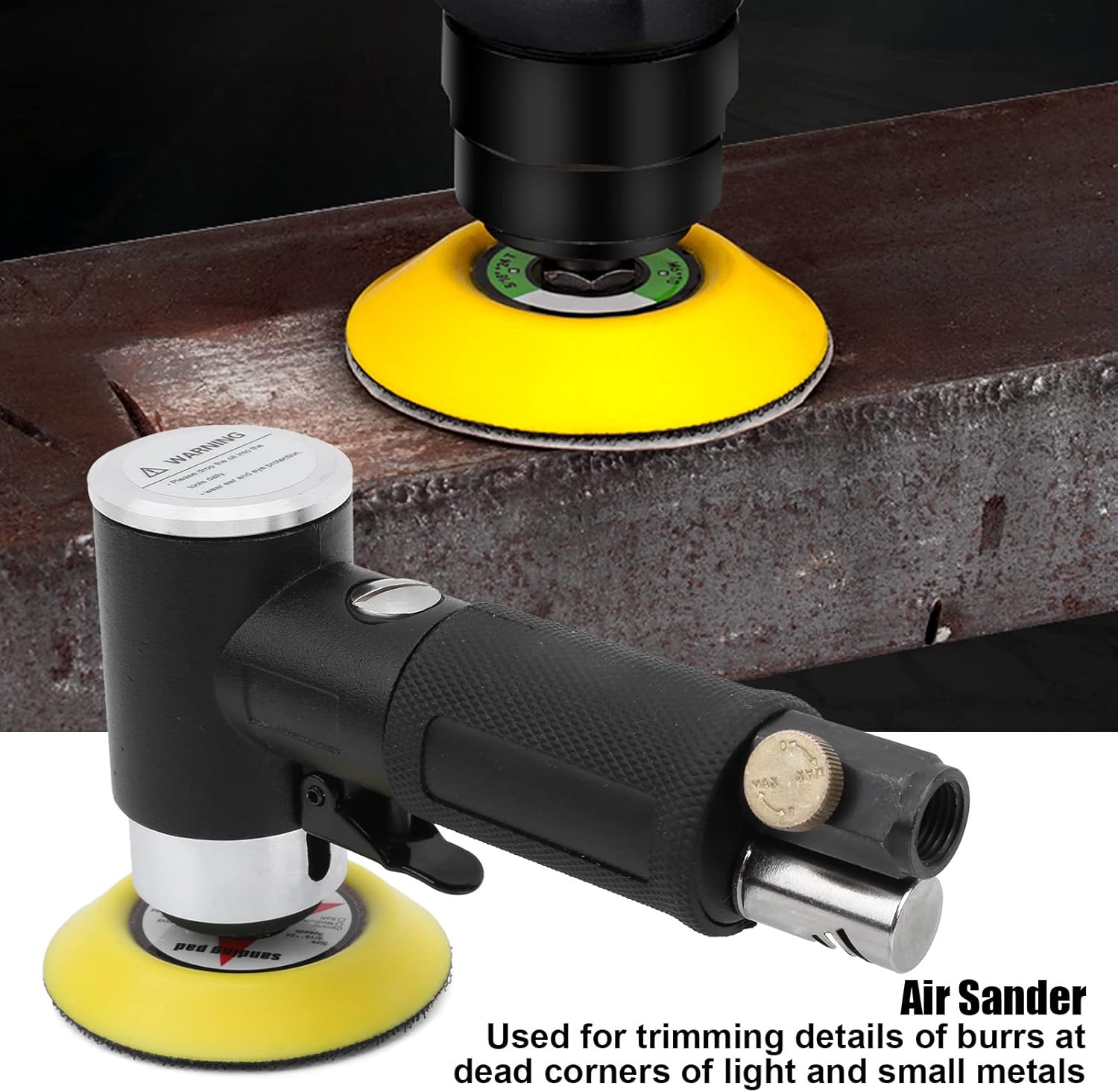 AT - 1500 Eccentric Pneumatic Air Sander, 3mm Orbit Polishing Grinder with Variable Speed Control, Includes 48Pcs Pads and Sandpaper for Auto Detailing, Metal Rust Removal, and (American valve)
