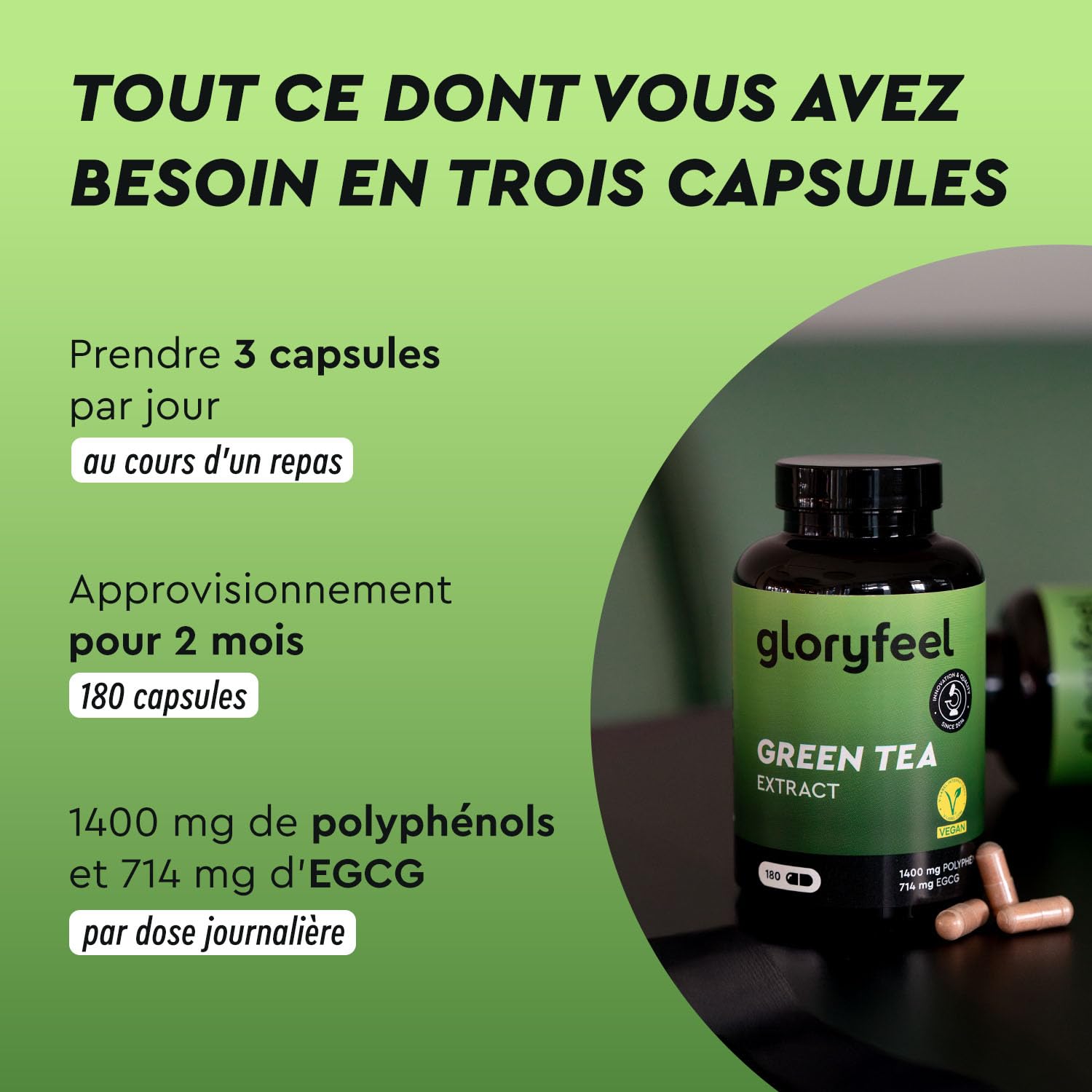 Extrait de Thé Vert Hautement Dosé, 180 capsules (2 Mois), 98% Polyphénols + 50% EGCG (714mg) + 80% Catéchines, Enrichi avec Caféine et Poivre Noir, Testé en Laboratoire, Vegan et Sans Additifs