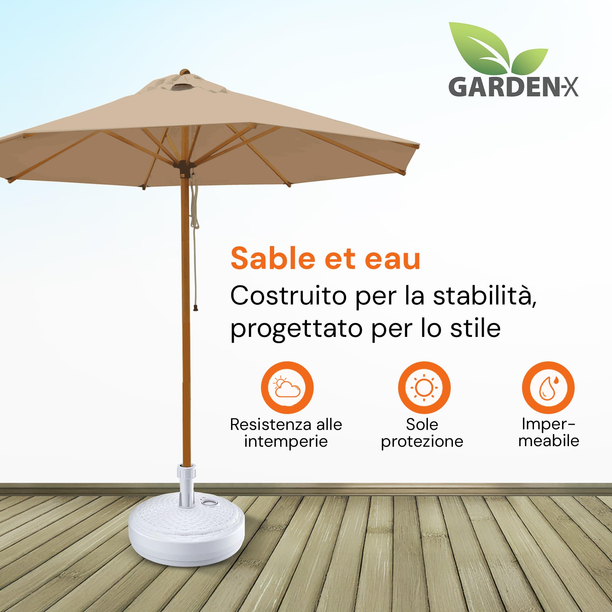 GARDENIX Base per ombrellone, Rotondo, Bianco, Effetto Rattan, in plastica, riempibile con Sabbia, Acqua, Ghiaia in Giardino, Spiaggia, terrazzo, portaombrelli