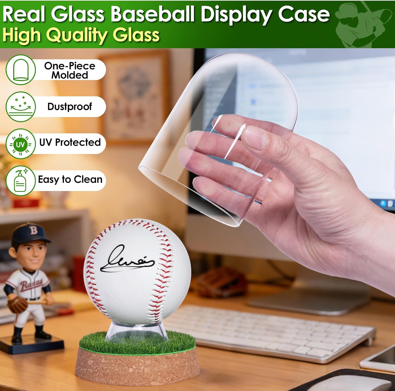 Real Glass Baseball Display Case - UV Protected Dome Tabletop Box with Cork Base & Faux Grass for a Single Official, Signed or Game-Used Baseball (Dome)