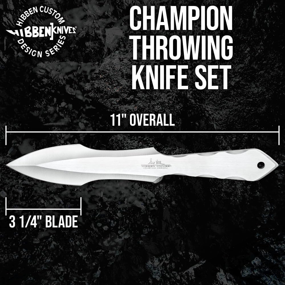 Gil Hibben Gen III Champion Three-Piece Throwing Knife Set | One-Piece Stainless Steel Construction | 3 1/4” Razor-Sharp Edge | Grooved Handles | Nylon Belt Sheath | Double-Edged | 11" Overall