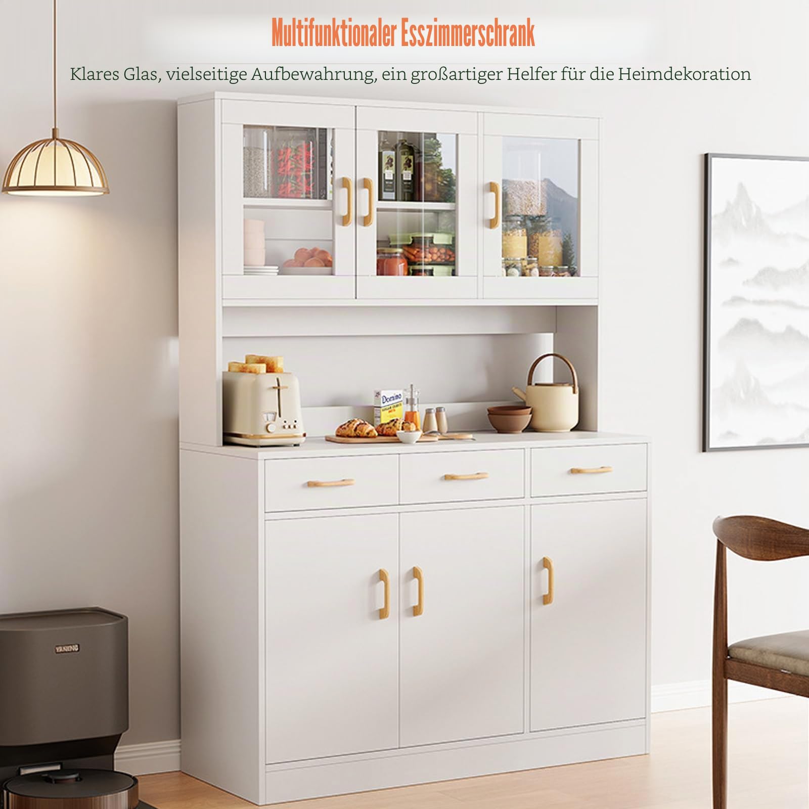 Küchenschrank, 170cm Vorratsschrank Küche, Hochschrank Buffetschrank aus Holz, Sideboard, Mehrzweckschrank mit Schubladen und Glastür, Offenem Fach, Vorratsschrank, Vitrinenschrank (Weiß)