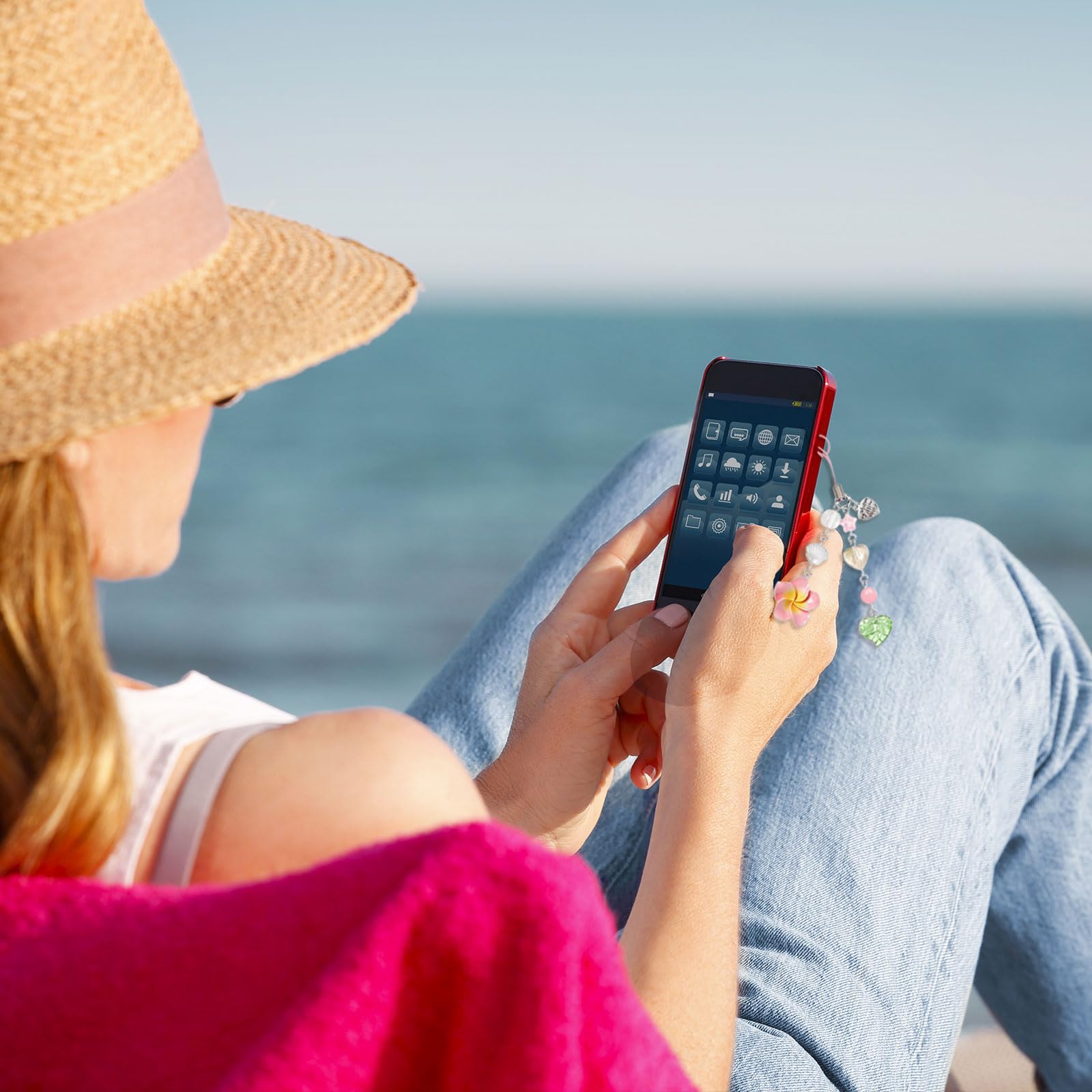 BelleVive Hibiskus kwiat zawieszka na telefon, estetyczne akcesoria do telefonu, urocze paski do telefonu Y2K estetyczna gwiazda lato akcesoria plażowe etui na telefon brelok dekoracja