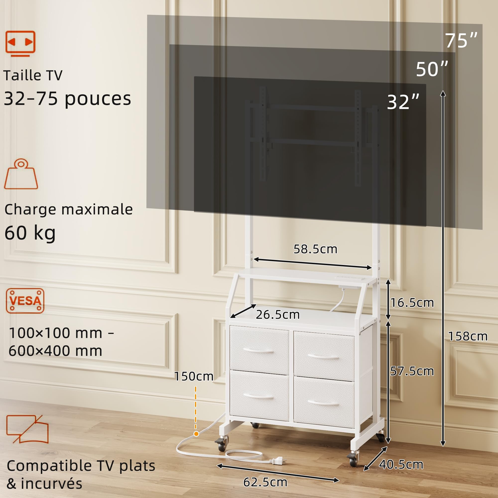 Support TV sur Pied avec roulettes 32-75 Pouces Meuble TV roulettes | Support TV sur roulettes avec LED et Prises Intégrées, Réglable en Hauteur avec 4 Tiroirs, Max VESA 600x400 mm, Blanc