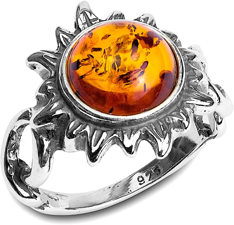 Amber and Sterling Silver Medium Flaming Sun Ring