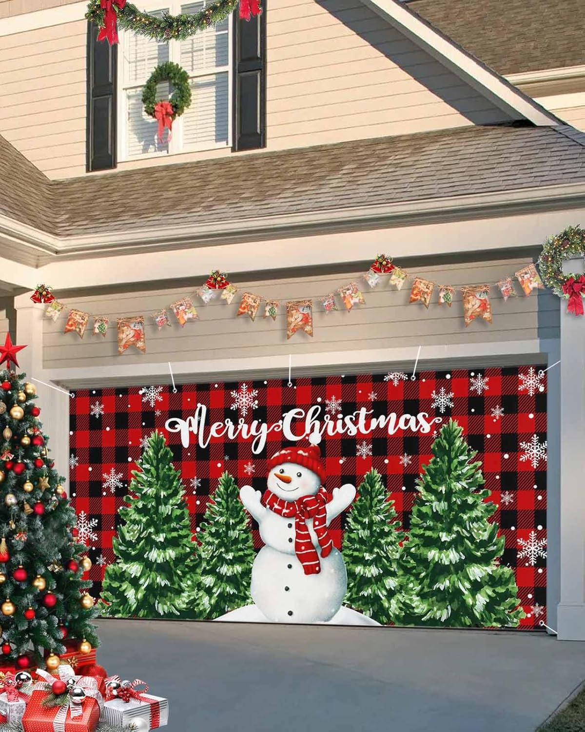 Christmas Garage Door Banner Cover 7 x 8 ft Merry Christmas Cute Snowman with Xmas Tree Red Black Buffalo Plaid Christmas Garage Door Decorations Christmas Backdrop Decor Winter New Year Xmas Party