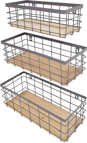 Vista 21 de Cesta de alambre de metal desmontable con base de madera, organizador de almacenamiento, cubos pequeños para armarios de cocina, baño, despensa