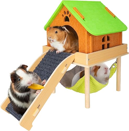 BESNEW 3 in 1 Enlarged Guinea Pig Hammock with House & Platform,Wooden Guinea Pig Hideout with Hammock & Stairs Small Animal Toys for Hiding Sleeping Activities