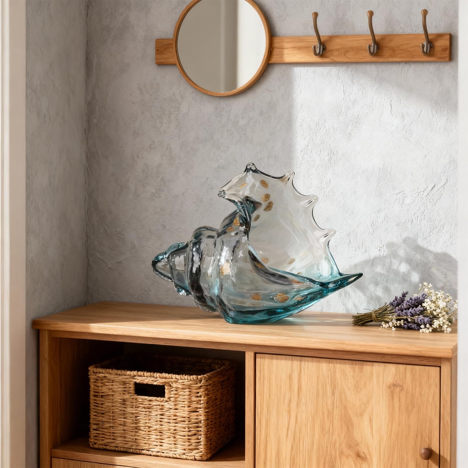 Estatua de concha de vidrio soplado, figura artística gris, decoración costera con conchas, soporte de TV y estantería