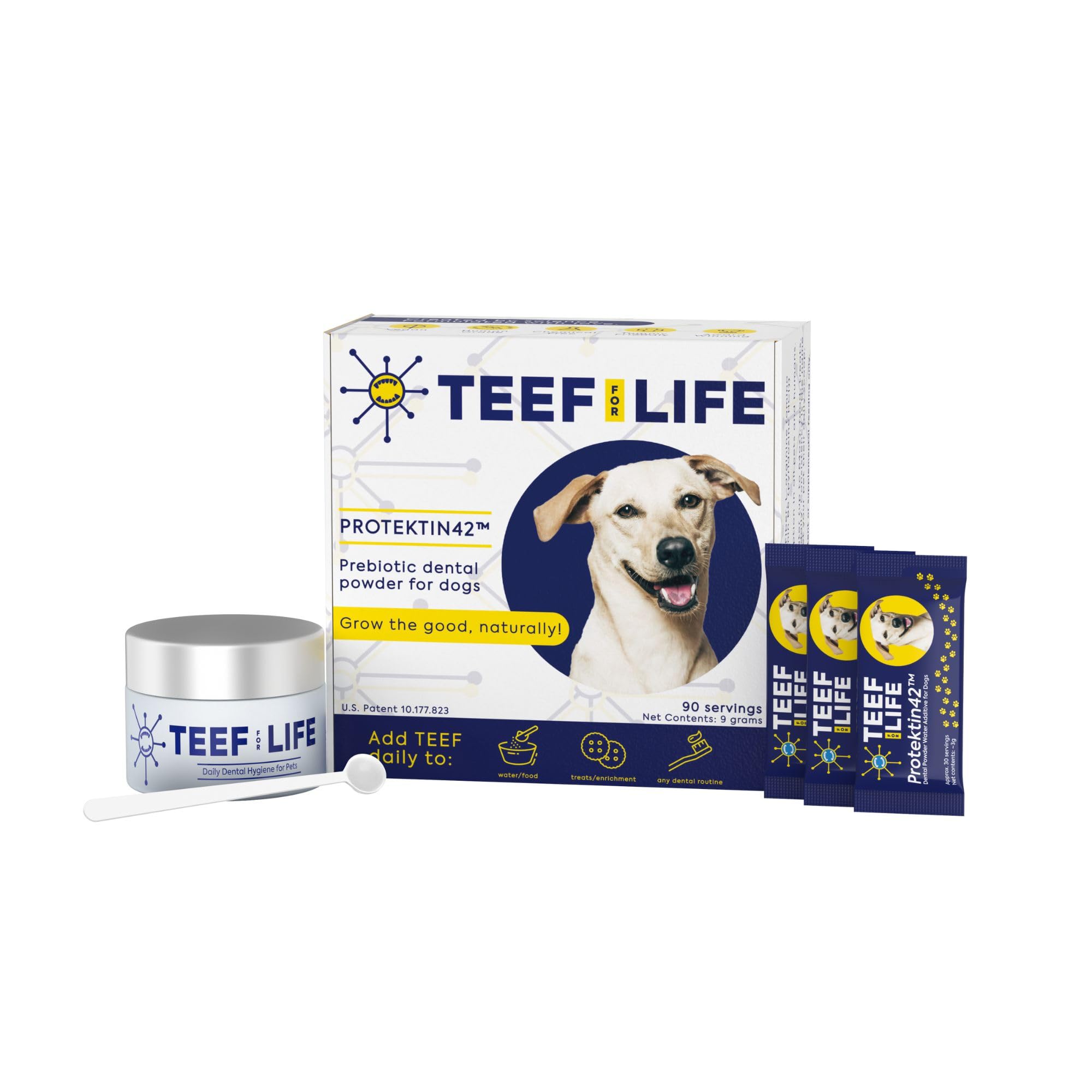 TEEF FOR LIFE Protektin42 Prebiotic Dental Powder for Dogs, Plant-derived, Clinically-Proven Formula Naturally Fights Bad Breath, Plaque, and Tartar,