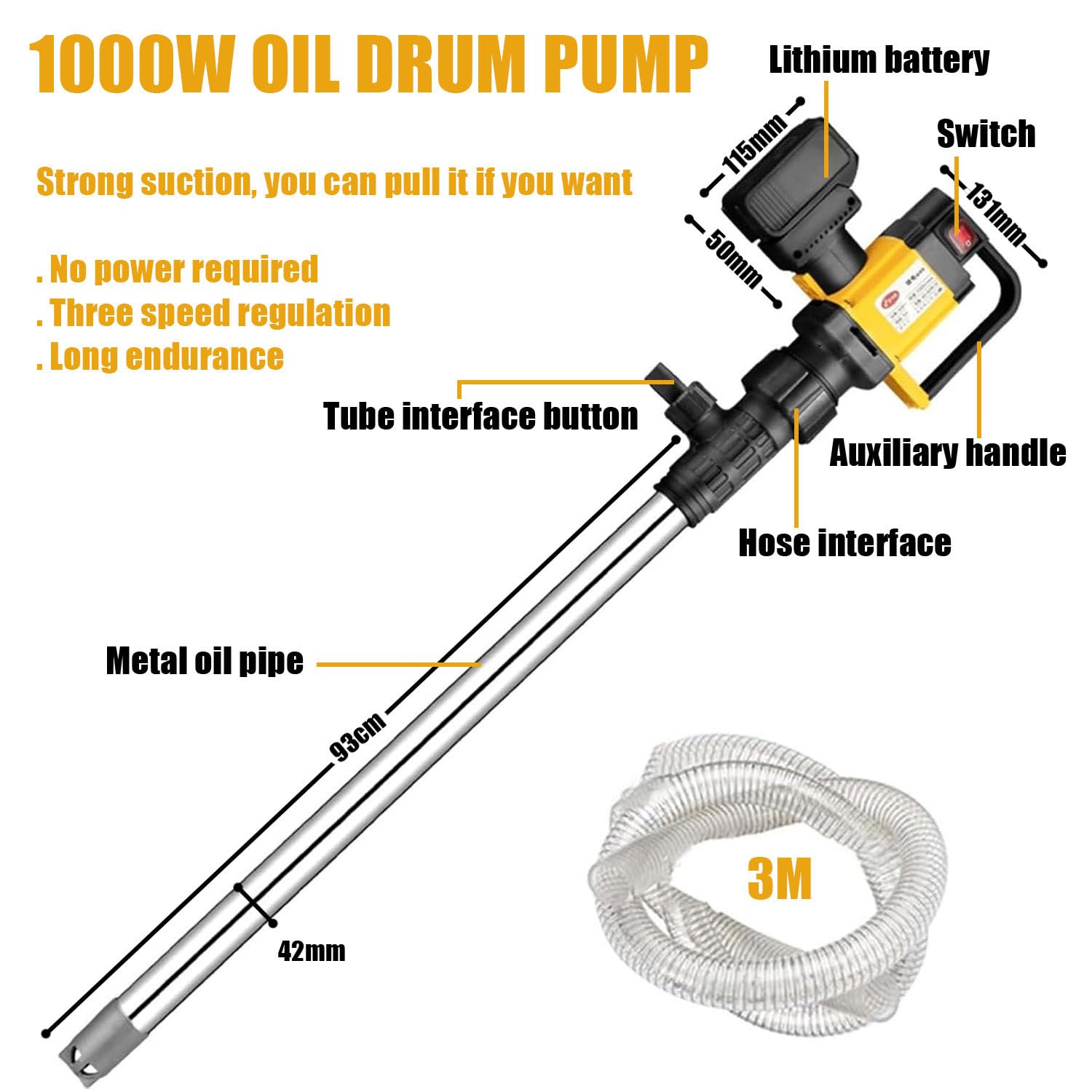 1000 W Elektrische Fasspumpe Mit 36V Akku Für Werkstätten, Reparaturwerkstätten, Transferpumpe Mit Schlauch, 7 M Hub, 10–130 L/Min Durchfluss, Für Diesel, Kerosin, Wasser,All-SS