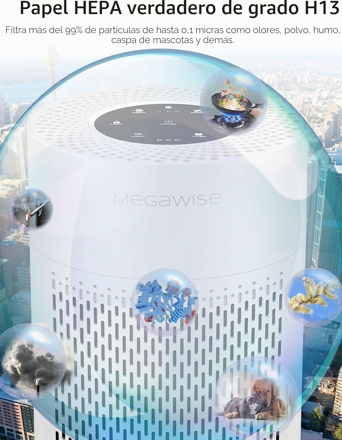 Purificador de aire inteligente MEGAWISE versión actualizada 2025 para habitaciones grandes de hasta 1080 pies cuadrados, filtro HEPA H13 con sensor de calidad del aire inteligente, modo de suspensión