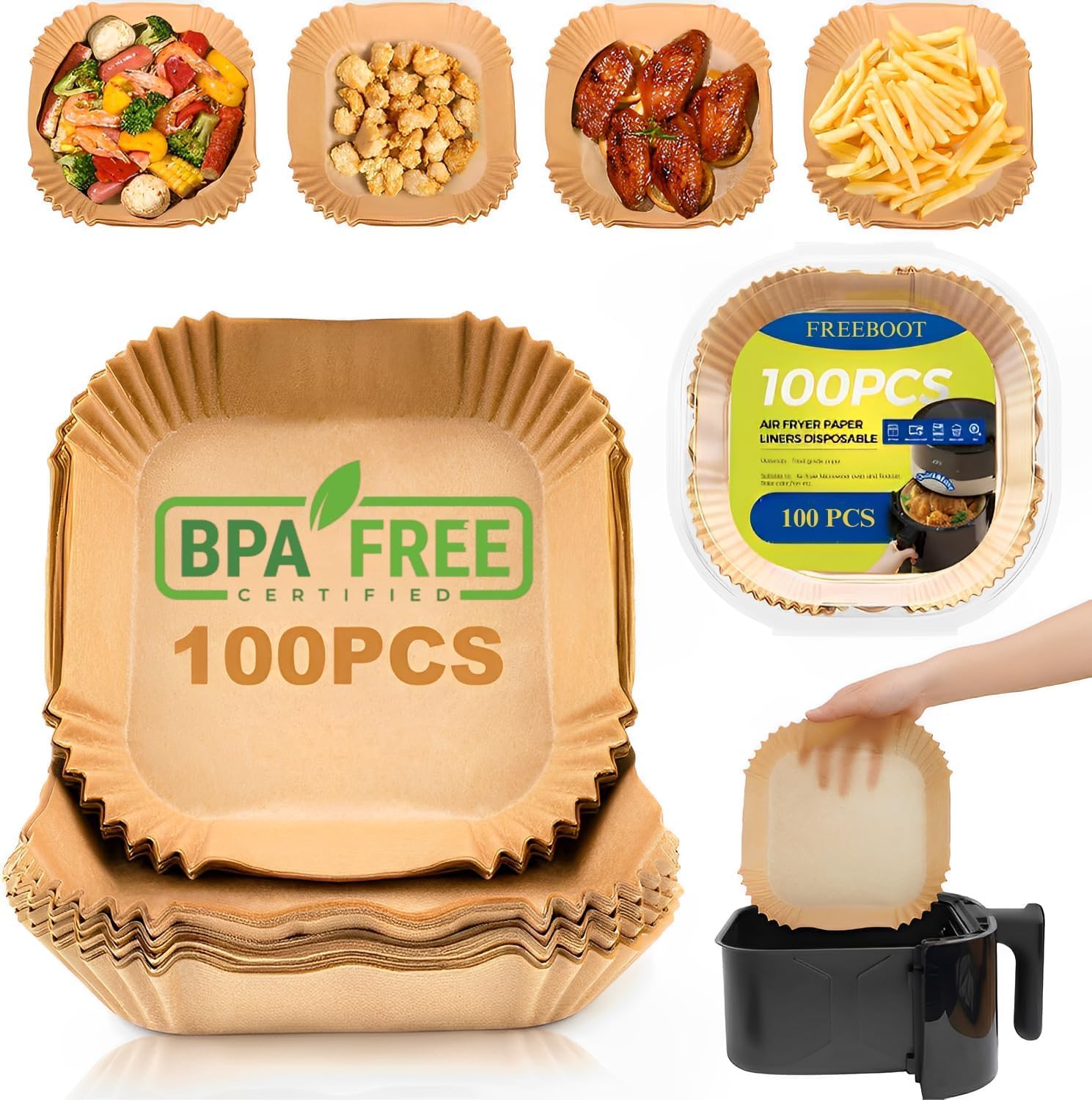 100 PCS Air Fryer Paper Sheets, Air Fryer Backing Tray Disposable Paper Liner for Microwave, Oil-Proof Air Fryer Parchment Paper for Frying, Baking, Cooking, Microwave (Square)