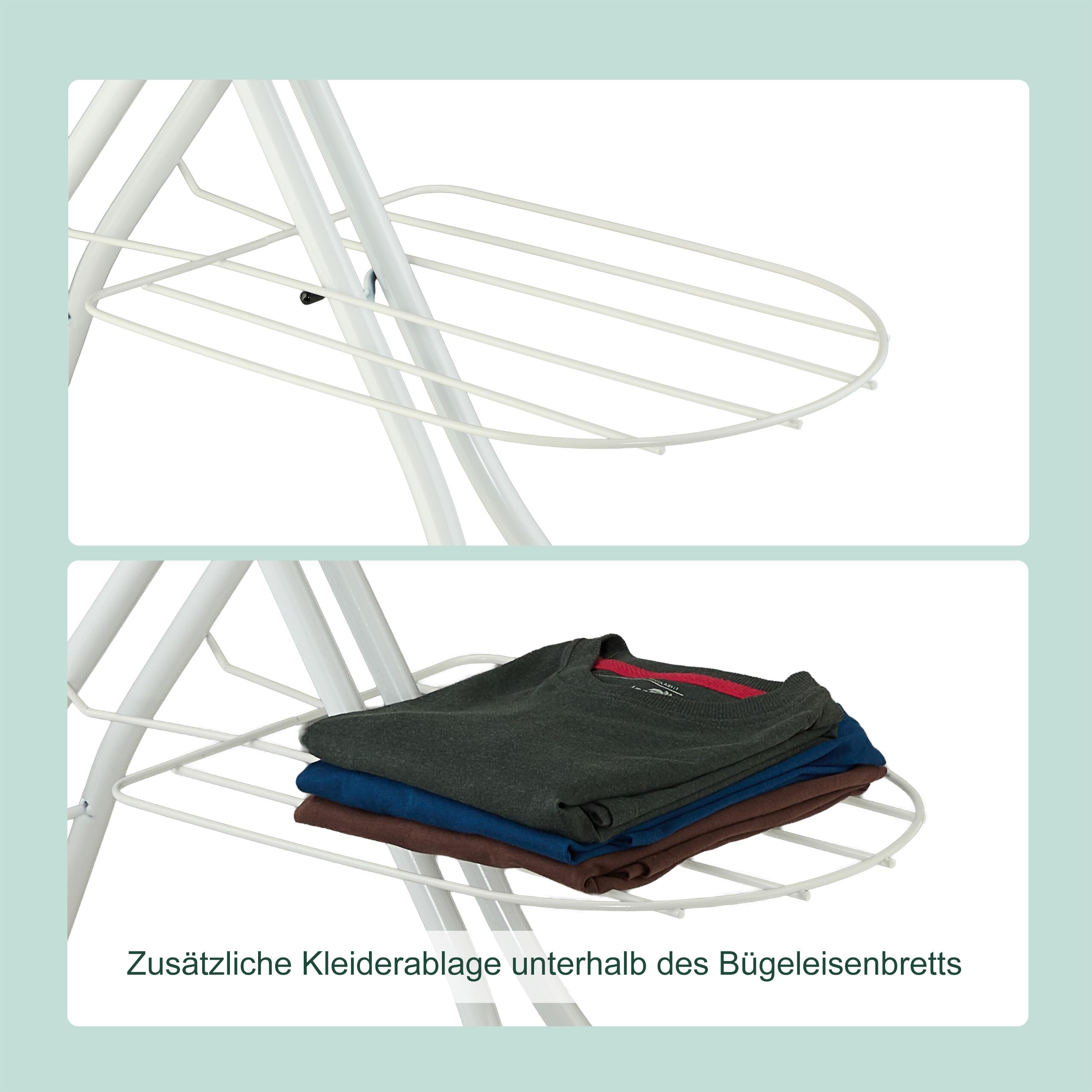 Relaxdays Bügelbrett für Dampfbügeleisen, 120 x 38 cm, höhenverstellbar, klappbar, Kleiderablage, Bügeltisch, blau