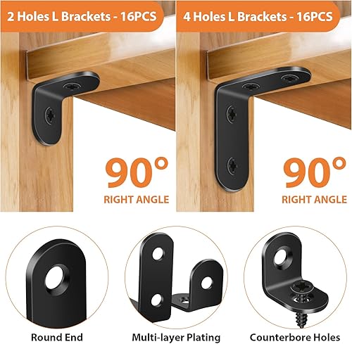 Miniatura 3 de MAPVOLUT - 32 soportes de esquina en L, soportes en L resistentes negros para estantes con 100 tornillos, soporte de estante de metal en ángulo