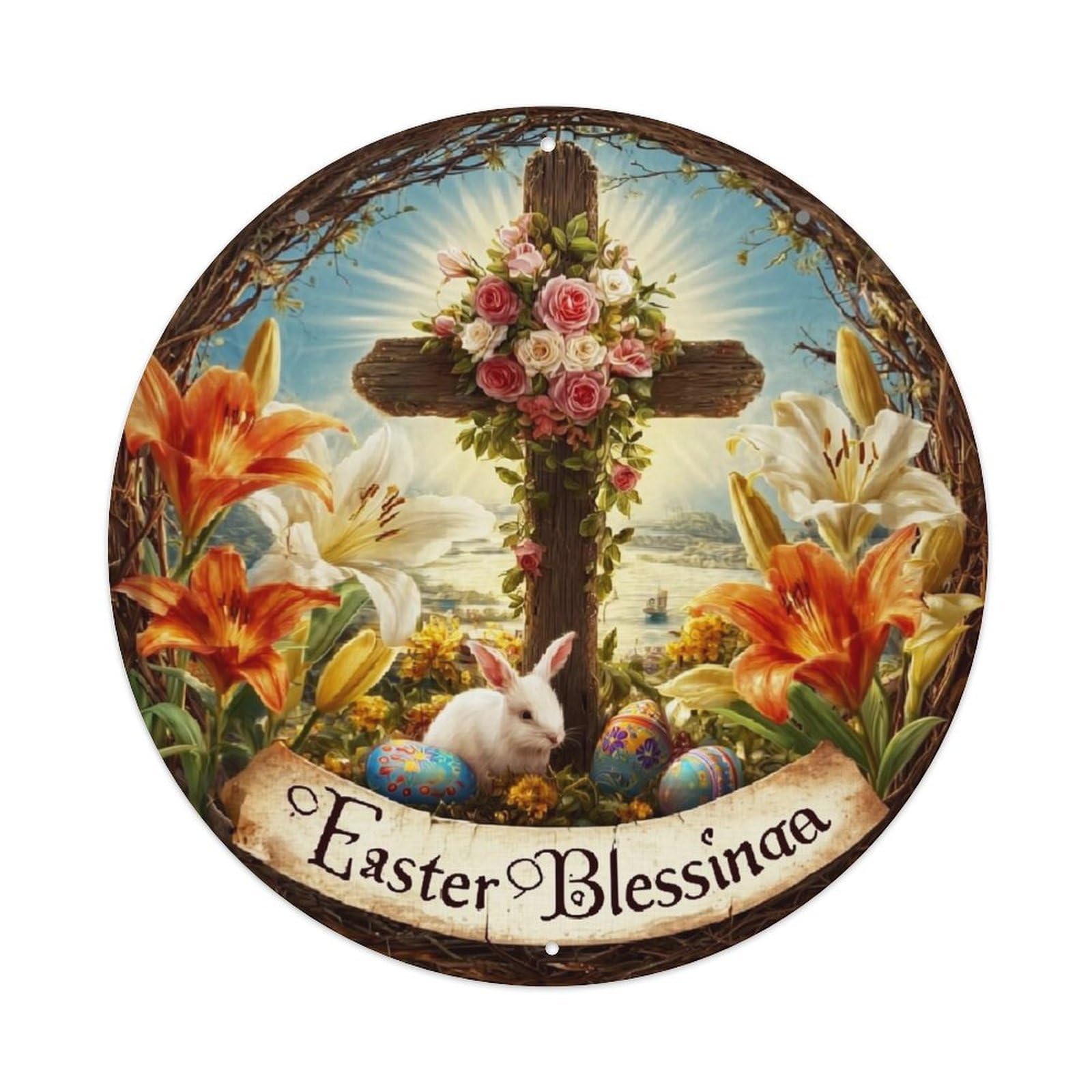 Easter Blessings Cross Flowers Rabbit Tin Sign Metal Poster Vintage Metal Signs for Home Man Cave Bar Cafe Kitchen laundry room Wall Decorations 8x8 inches
