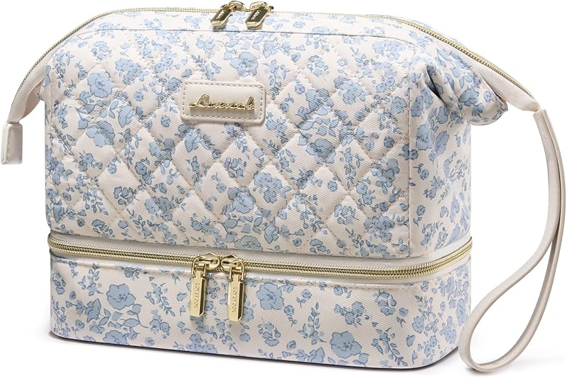 LOVEVOOK Estojo de maquiagem para viagem com 2 compartimentos, abertura ampla e porta-pincéis, Azul Floral