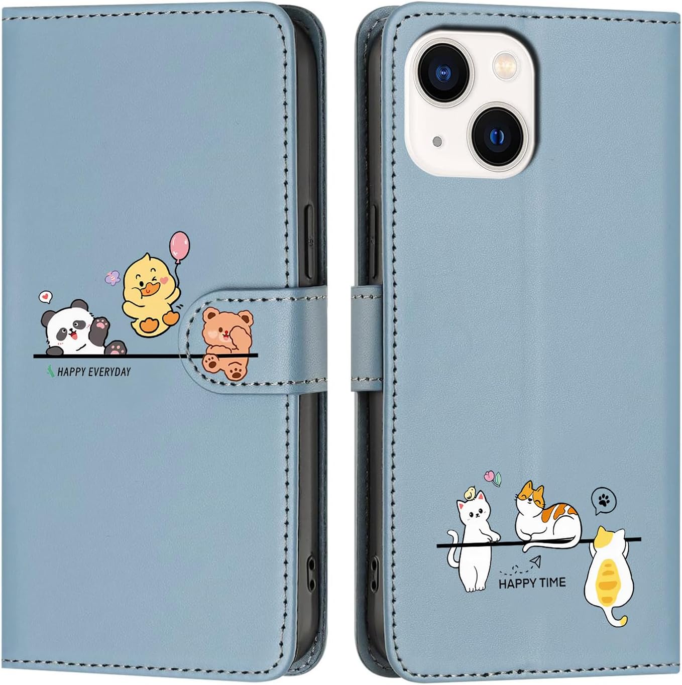 Foldable Case for iPhone 13 iPhone 13 Mobile Phone Case Cute Cartoon Leather Flip Case Shockproof Protective Case with Card Slot Flip Wallet Cover Case for iPhone 13 Blue