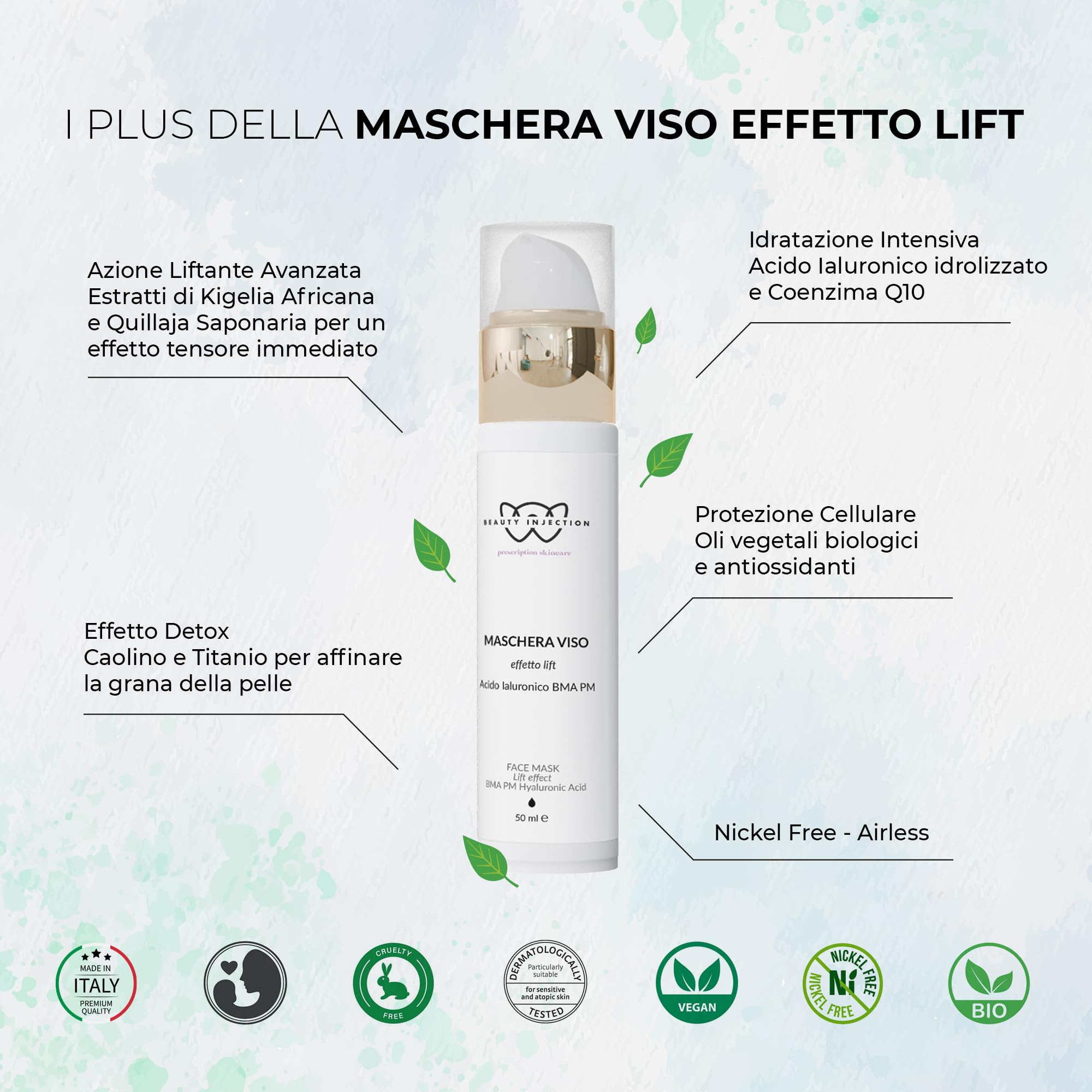 Wikirose Maschera Viso Effetto LIFT BMA PM Rimpolpante, Lifting e Idratante con Acido Ialuronico, Kigelia Africana, Oli Vegetali, Aloe Vera, Coenzima Q10, per Tutti i Tipi di Pelle, 50ml