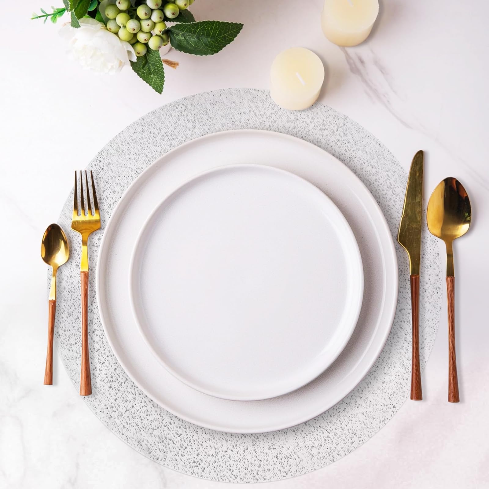 Hysenm Set di 50 tovagliette usa e getta argento, ultrasottile 33 cm rotonde in rete pressata, tovagliette usa e getta per la decorazione della casa, tavolo da pranzo, matrimoni, feste di compleanno