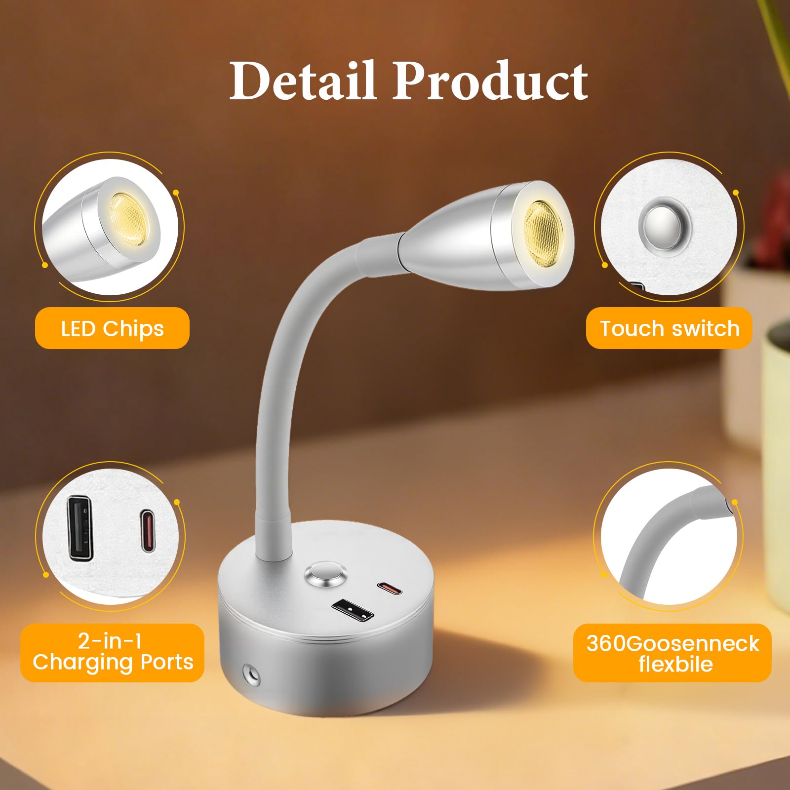 2 Pezzi Lampada da Lettura per Camper con Caricabatterie USB A+C, faretto da Parete a LED da 12 V, Lampada da Parete Flessibile a Collo D'Oca per Camper roulotte Barca Yacht (Argento)