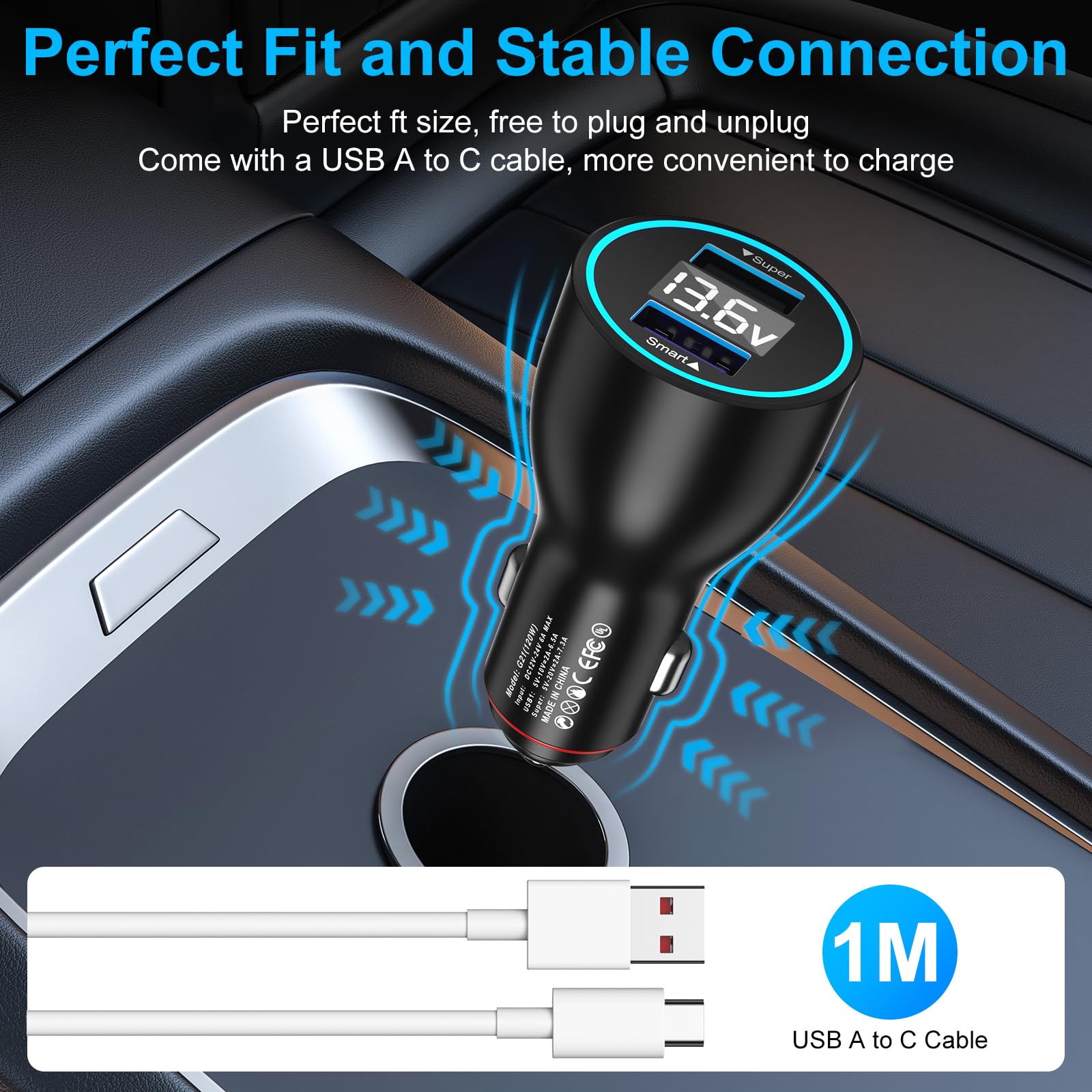 ACAGET 120W Caricabatterie Auto USB per Xiaomi 17 15 14 Ultra 17T 15 14 Pro | Caricatore Auto Rapido Charge con Cavo USB C 1M per Redmi Note 15 14 13 12 11S Pro per Turbo-Charge per POCO F8 X7 X6 M6 Pro