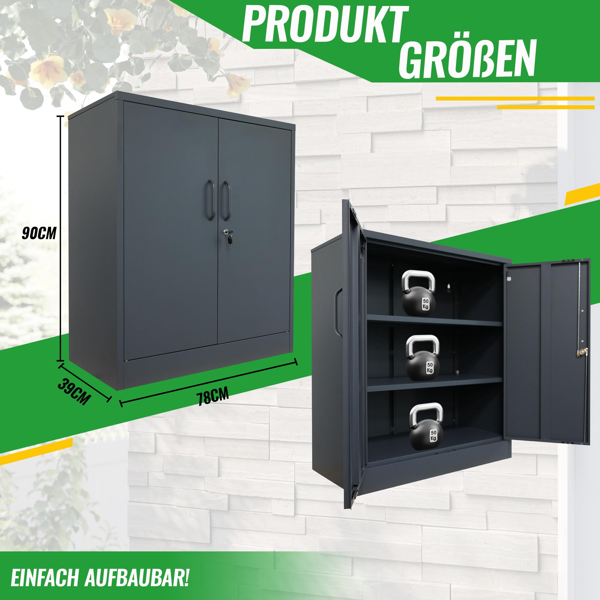 ONDIS24 Aktenschrank, Mehrzweckschrank, Schloss, verstellbare Ablagen, Stabil, belastbar, Doppeltüren mit Türmagnet, Griffen Robust und sicher, werkzeugschrank, Büro, Werkstatt, Garage (Anthrazit, 90)