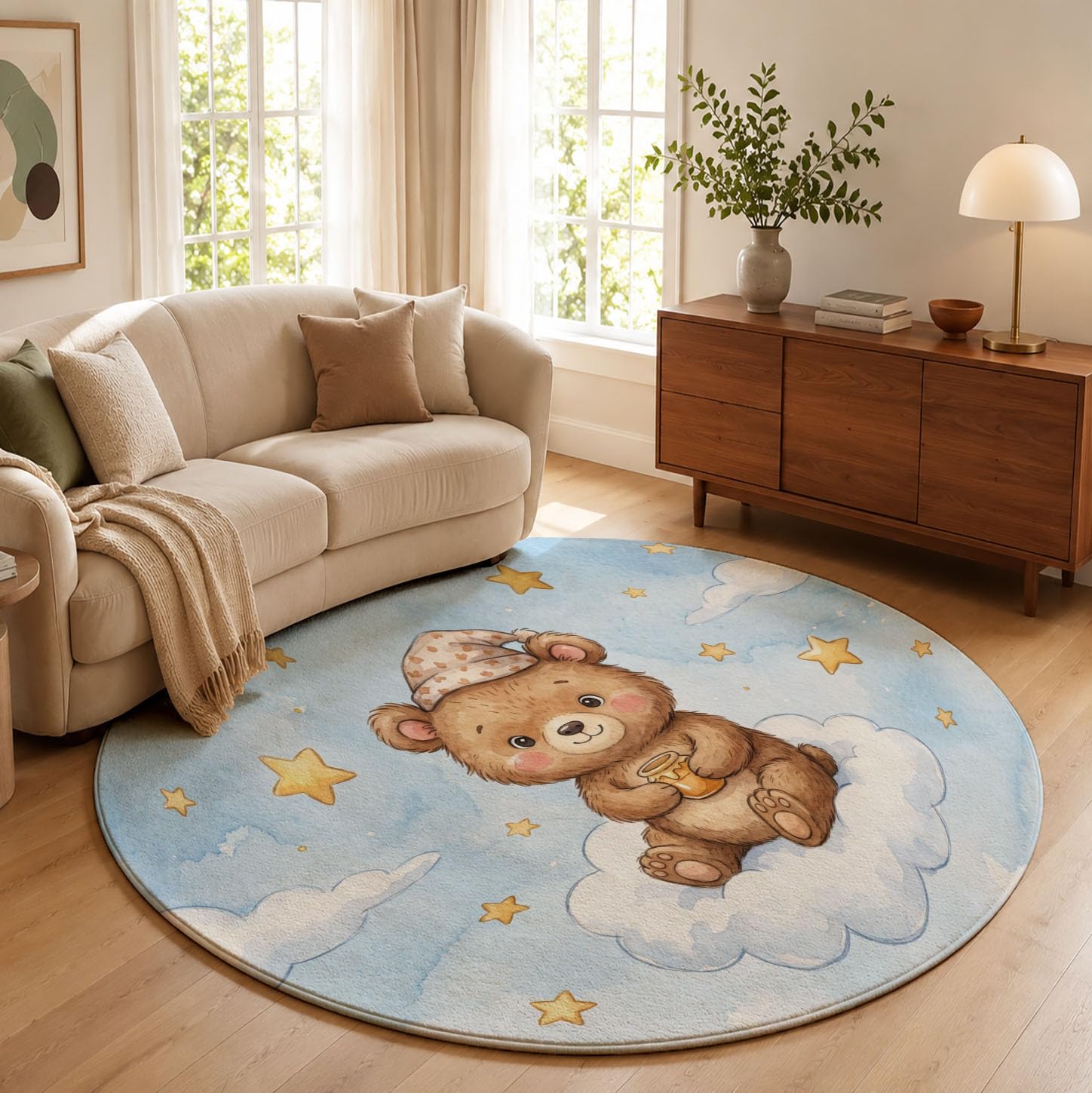 Tappeto Rotondo Nuvole Orso Bruno Stelle Tappeti | 180cm Salotto Lavabile in Lavatrice Antiscivolo Simpatici Animali Ad Acquerello Tappeto Cameretta Scendiletto Camera Da Letto Ufficio