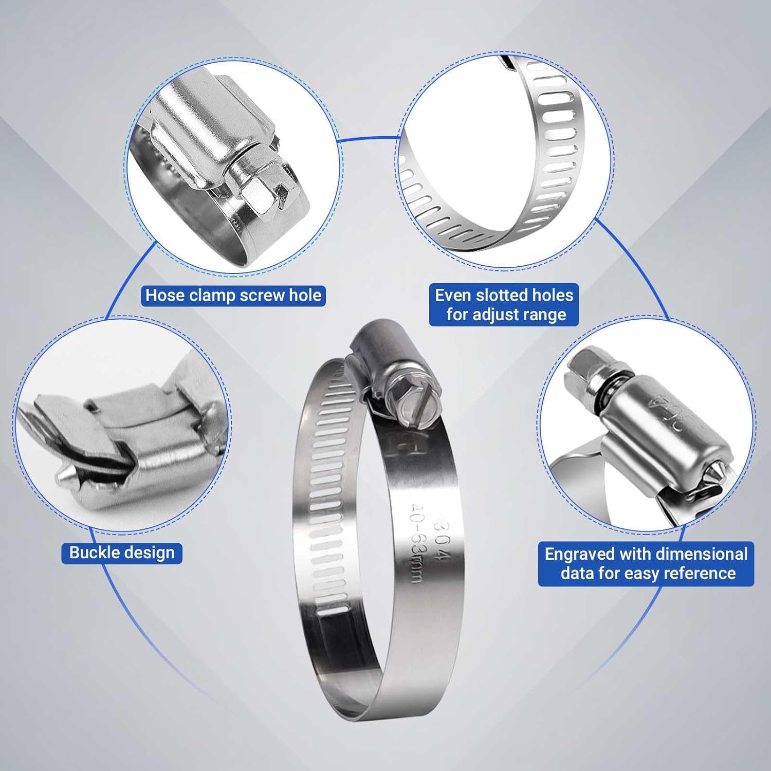 6 Pack Stainless Steel Hose Clamps - Adjustable 1.5" - 2.5" (40-63mm) Worm Gear Hose Clamps with A Socket Wrench for Plumbing,Automotive And Mechanical Application