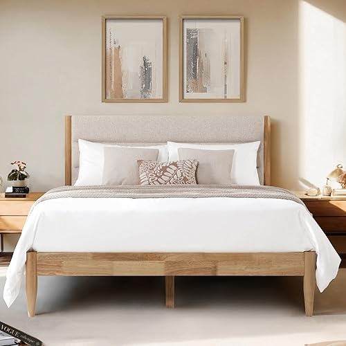 Wood Bed Frame with Upholstered Headboard Wooden Platform with Silent Slat Support Mattress Foundation No Box Spring Needed, Easy Assembly