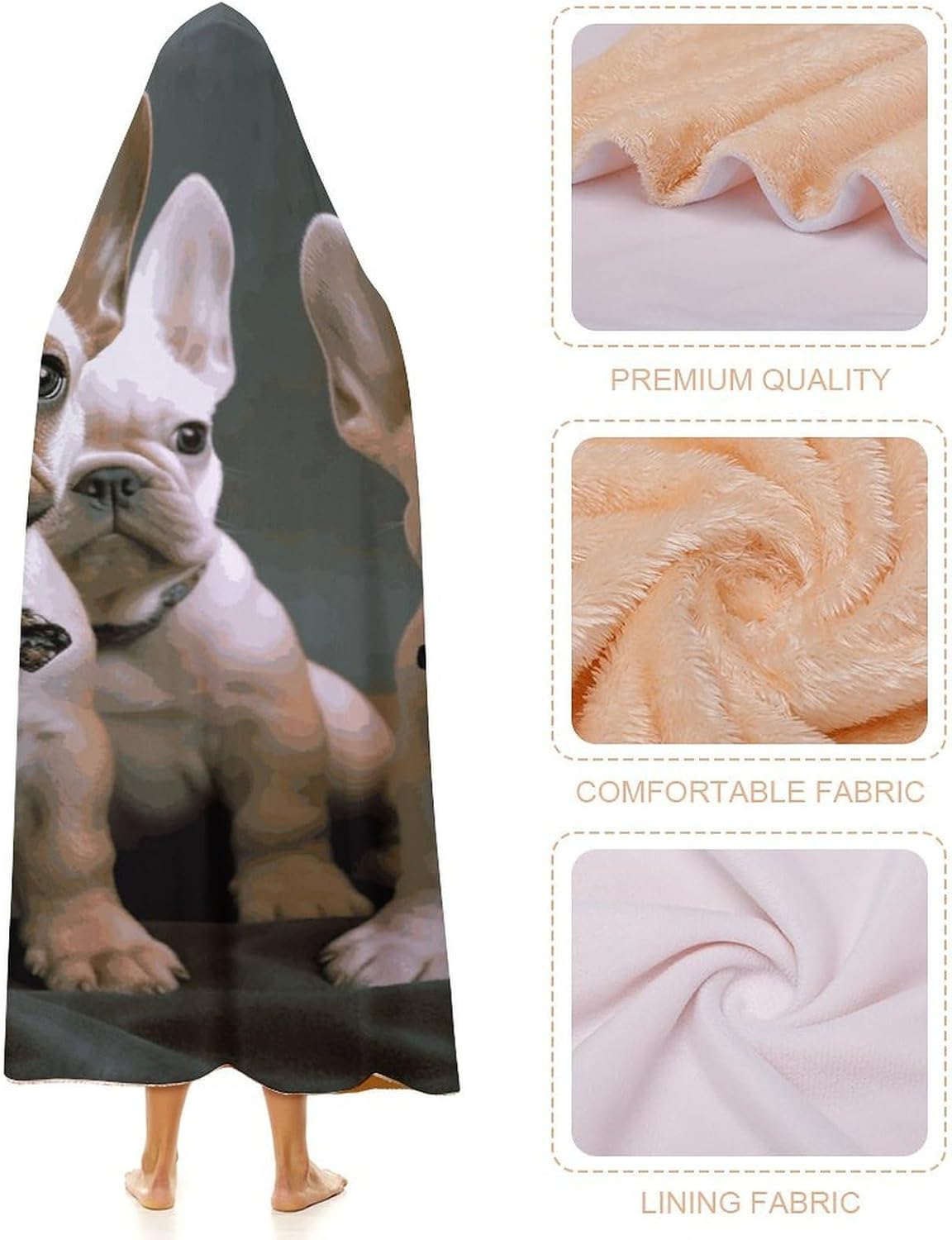 French Bulldog Puppies Hooded Blanket Cozy And Functional,Wearable Blanket Hoodie for Women Men,Blanket Poncho Presents50 x60