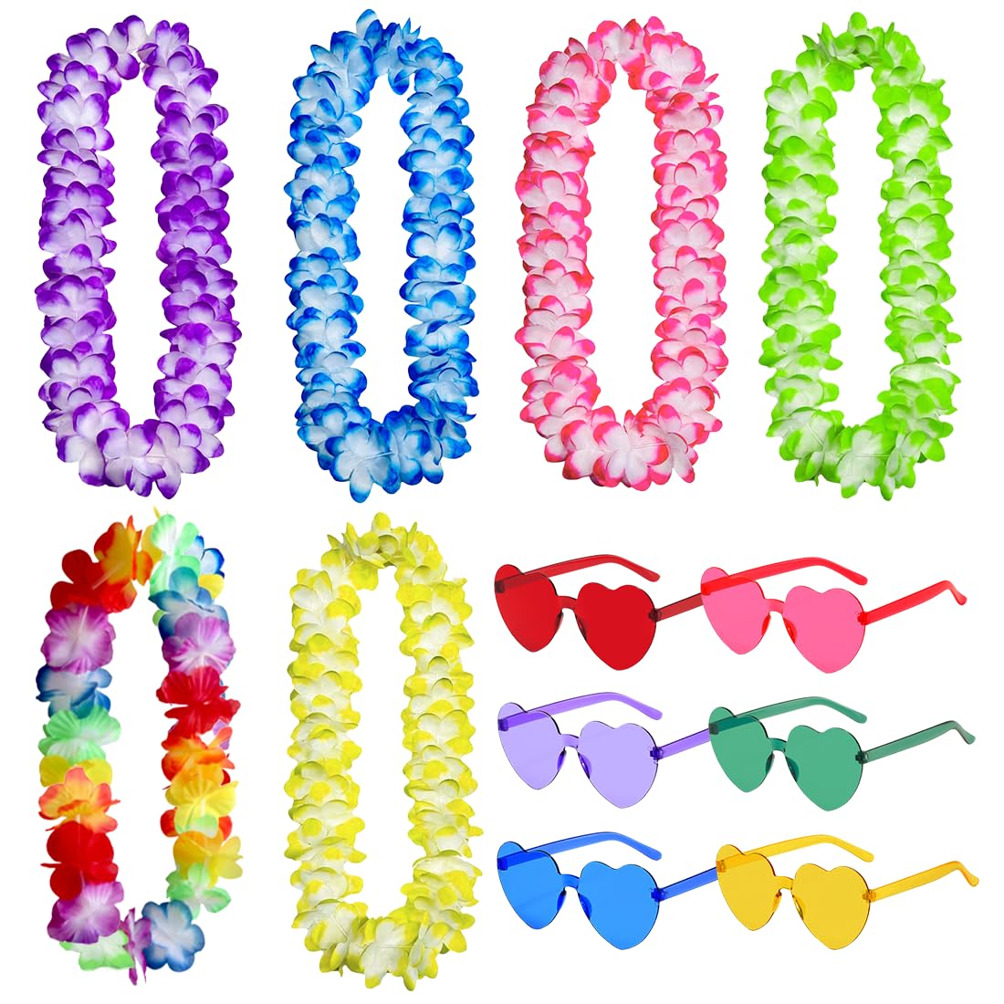 MorLuks 12 PCS Blumenketten Hawaii Set, 6 Stück Hawaii Blumenkette und 6 Stück Partybrille, Hawaii Ketten Bunt, Tropischen Hawaiianischen Luau Blumen Lei Sonnenbrille für Hawaii Party Deko