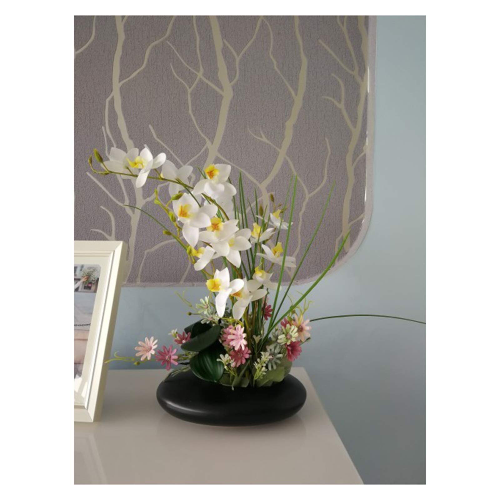 Sztuczne kwiaty phalaenopsis, sztuczne orchidee, bonsai – elegancka orchidea gołębi z liśćmi w doniczce, kompozycja kwiatowa Phalaenopsis w doniczce ceramicznej
