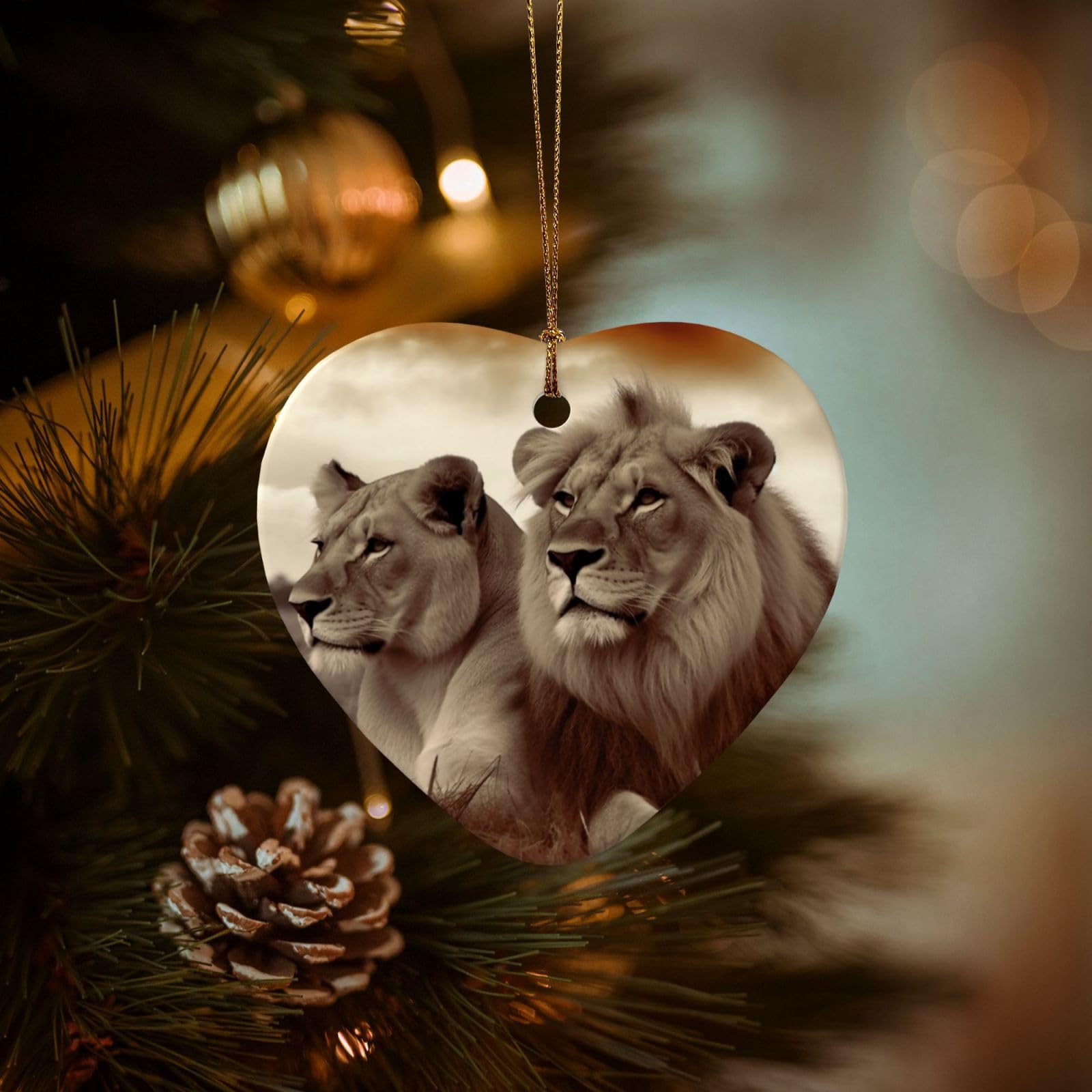 Christmas Ornaments for Christmas Tree Decoration Hanging African Lion and Lioness Ornament with Gold Ribbon Crafts Heart Shape Ceramic Pendant for Keepsake Gifts Xmas Decor Party Supplies