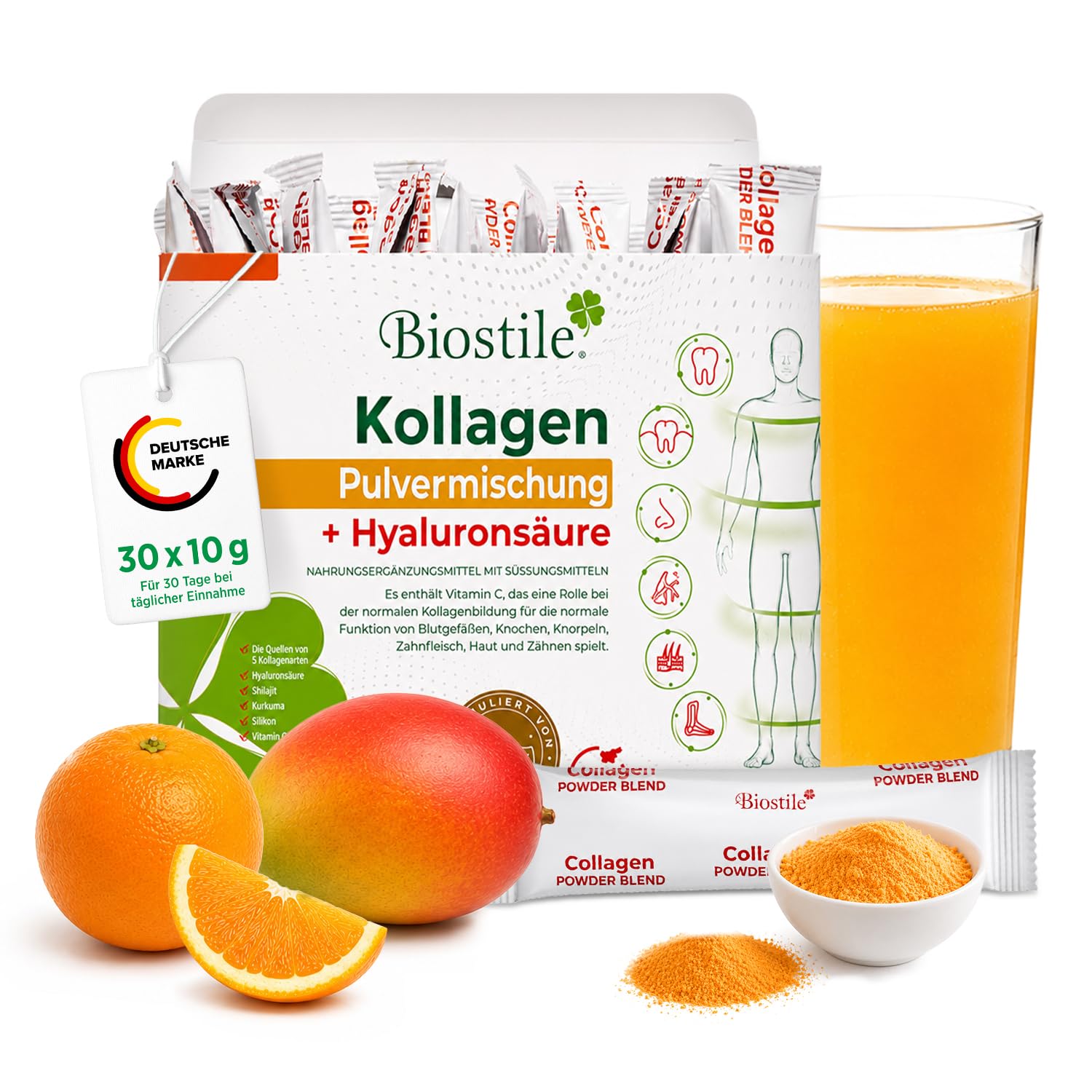 Collagen Powder Blend mit Hyaluronsäure – 30 Beutel mit 8600 mg hydrolysiertem Kollagen, Hyaluronsäure, Vitamin C, Curcumin und Shilajit für Haut, Gelenke und Knochen