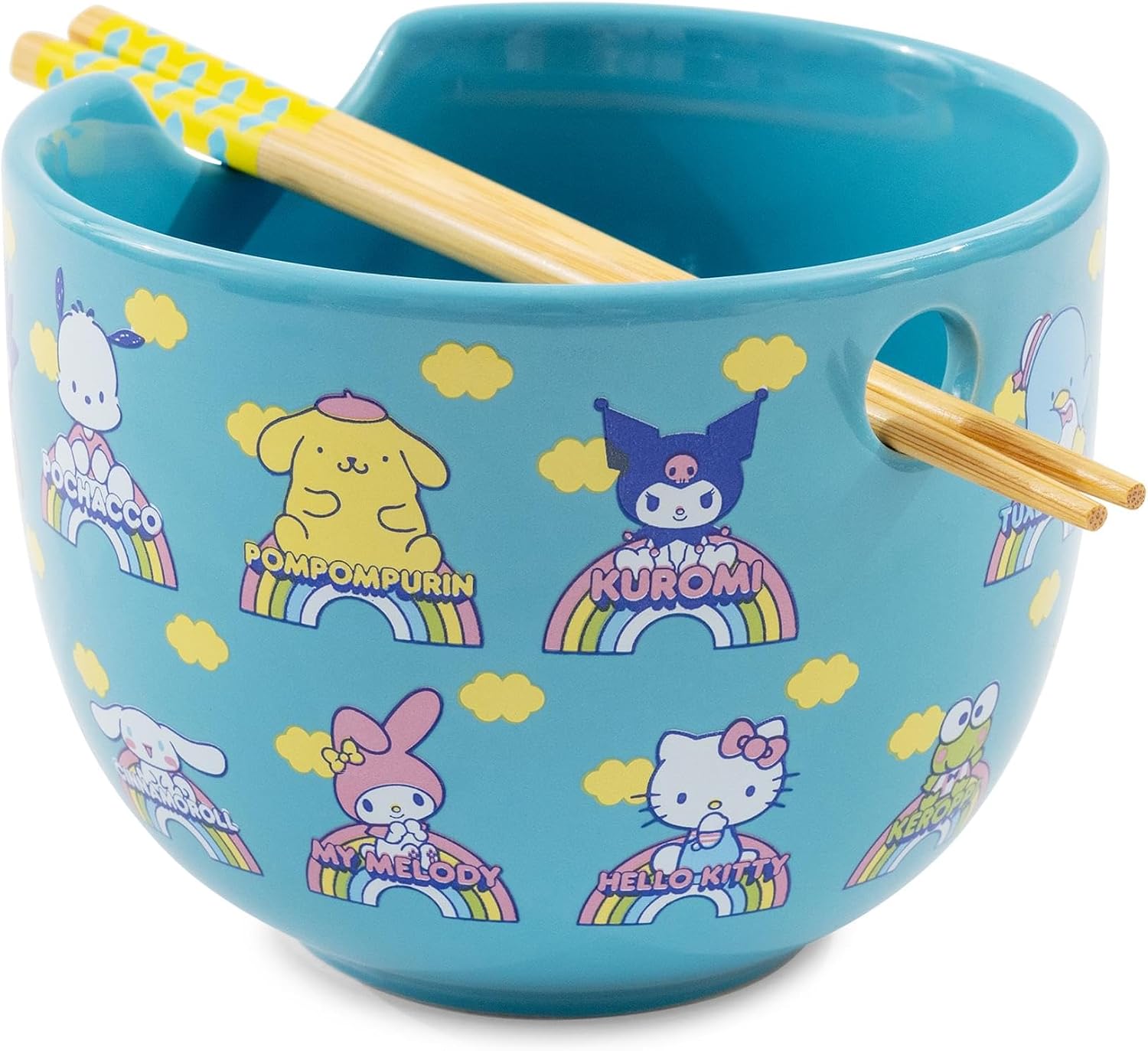 Sanrio Hello Kitty and Friends Blue Ceramic Ramen Dinnerware Set | Includes 20-Ounce Noodle Bowl and Wooden Chopsticks