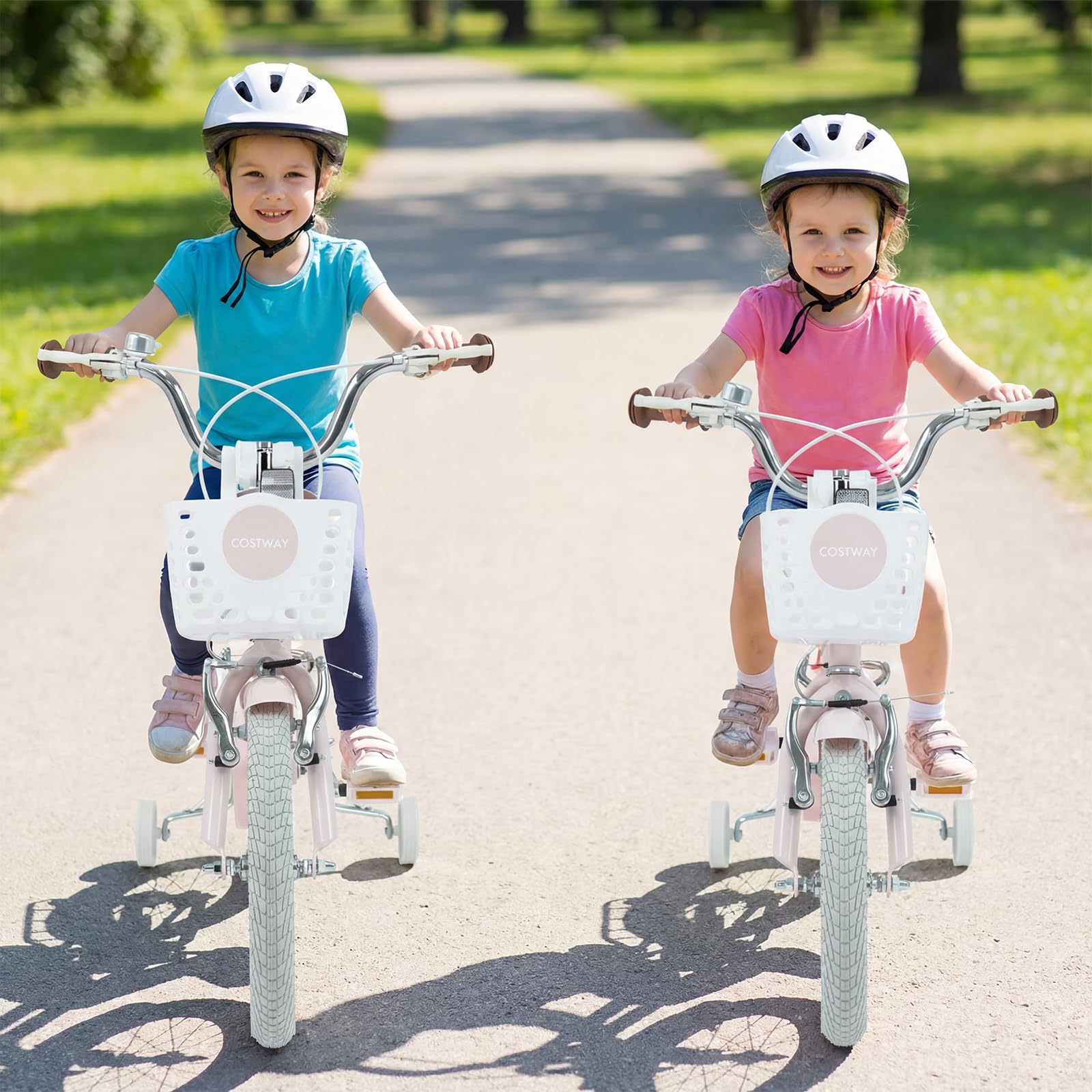 COSTWAY Kinderfahrrad mit Korb & Klingel, 14/16 Zoll Mädchenfahrrad mit höhenverstellbarem Sattel & Lenker, Fahrrad mit Doppelbremsen, abnehmbaren Stützrädern für 3-7 Jahren Mädchen