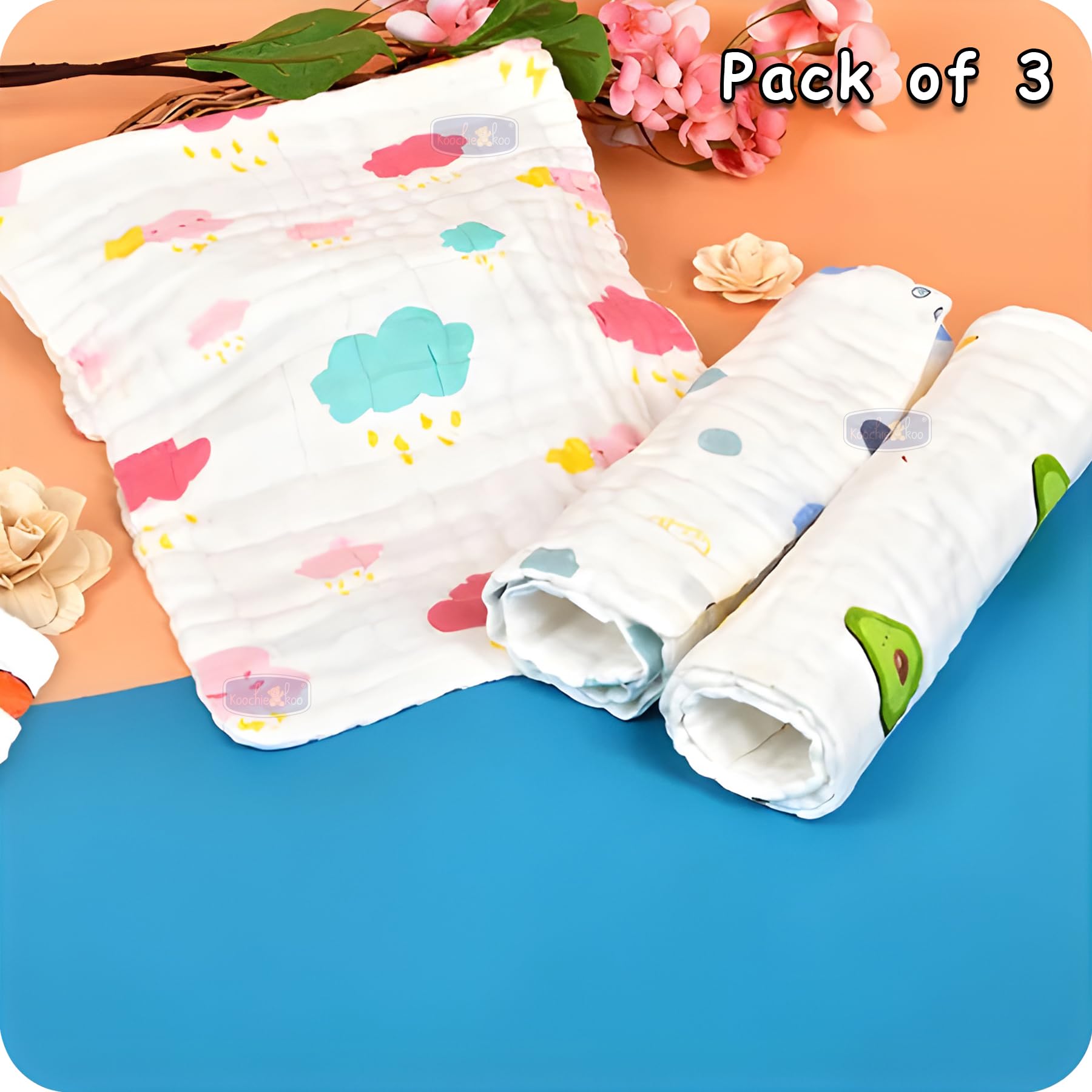 Koochie-Koo Soft Muslin Cloth for New Born Baby 500 GSM | 30x30 cm, Pack of 3 | Gentle Baby Towels Newborn | Premium Bath Towels for Delicate Skin | Gift for New Parents Fabric - Image 3 thumbnail