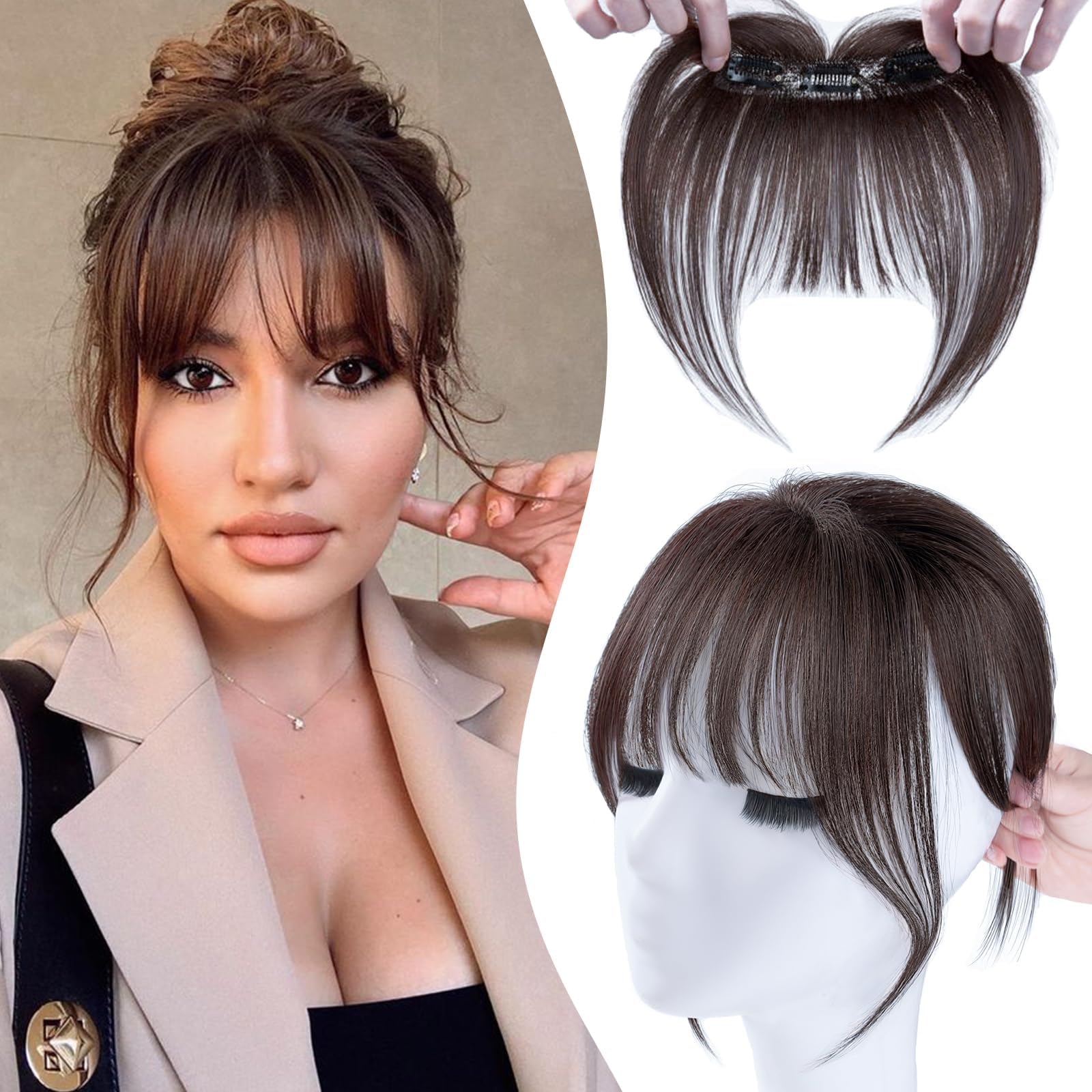 Amazon.com : VIJIGIA Clip In Bangs Real Human Hair, Dark Brown Wispy ...