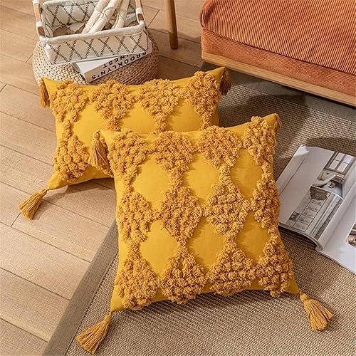 Miniatura 7 de Funda de almohada lumbar tejida con pompones bohemios, funda de almohada lumbar de color sólido cúrcuma para decoración del hogar, sofá, cama, sala