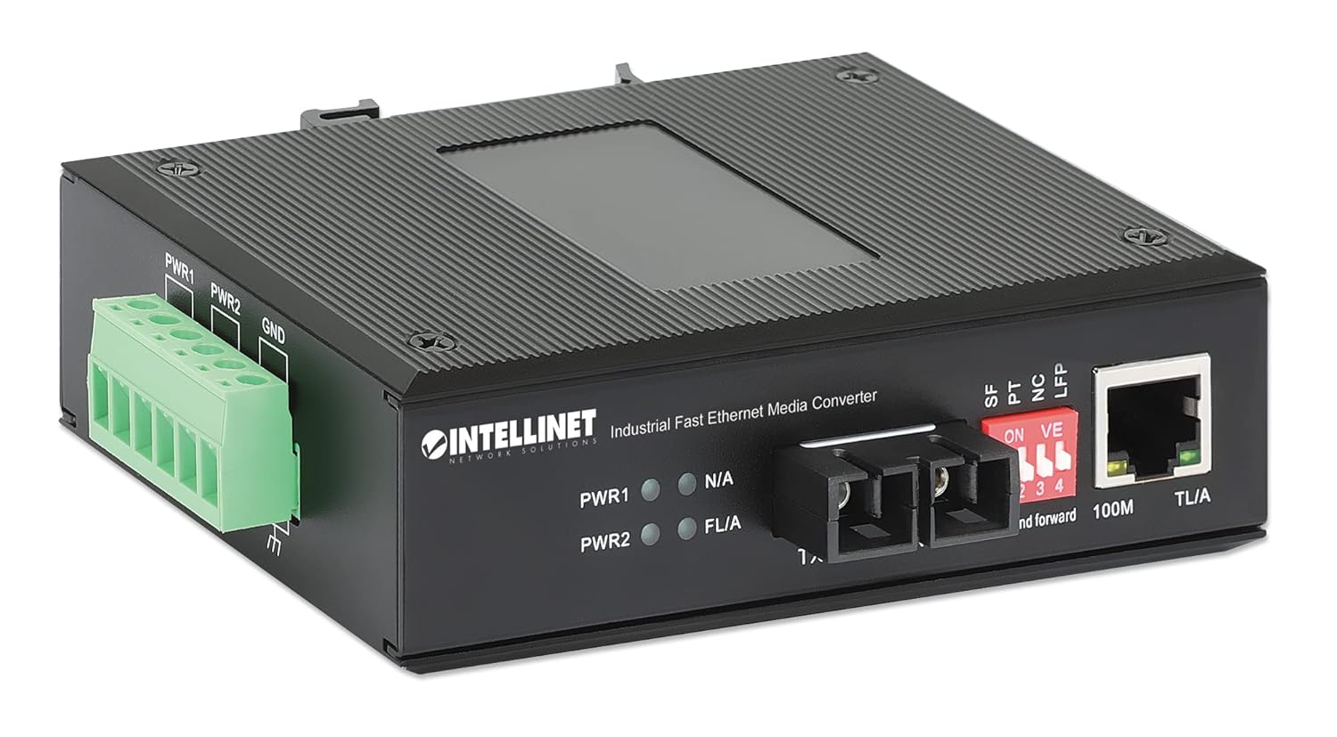 Intellinet Fast Ethernet Media Converter - IP40 Rated Metal Housing, 1310 nm Wavelength, DIN-Rail Mount, 2 DC Inputs -3 Yr Mfg Warranty–508964