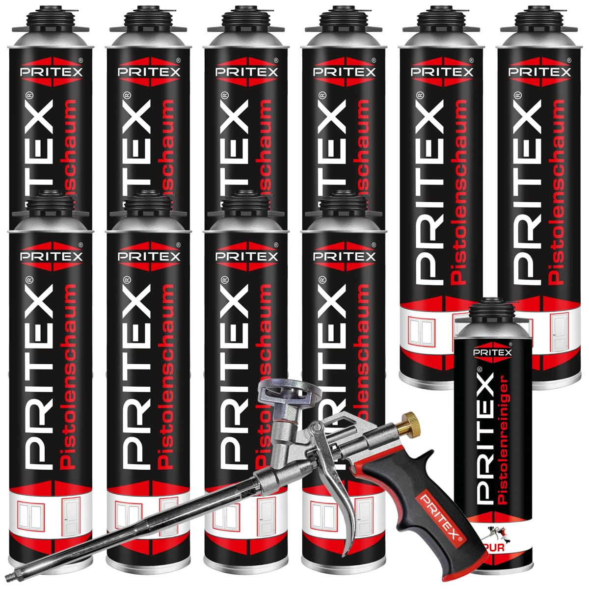 Pistolenschaum Set 10 x 750ml PU Schaum inkl. Pistolenreiniger 500ml + Schaumpistole Bauschaum Montageschaum