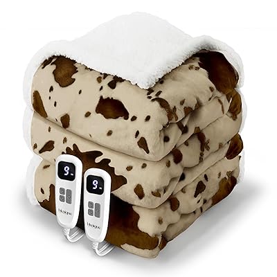 Cow Print Electric Heated Blanket Queen-Dual Control Heating Blanket Queen Size with 10 Heat Levels & 10 Hours Auto-Off, Cozy Soft Fleece Sherpa, Washable, 84x90 Inches Cow Print White